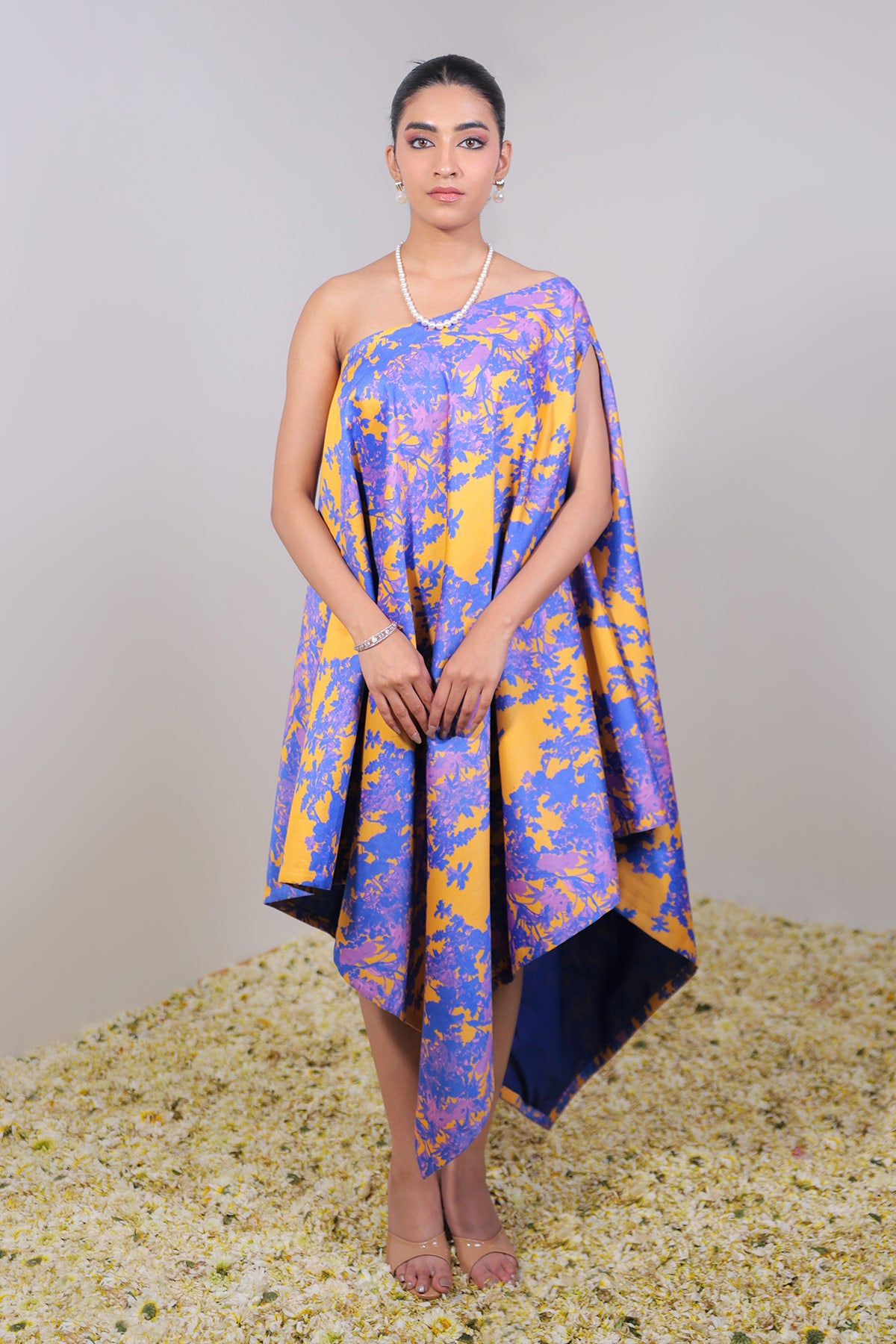 Orange, Blue/Purple Off-Shoulder Poncho Dress