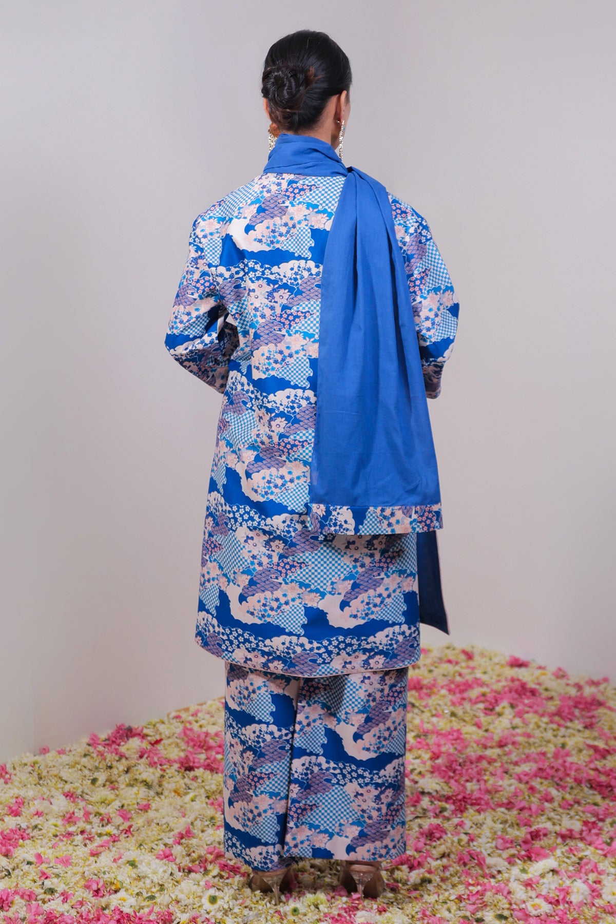 Scalloped Blue Floral Co-ord Set with Palazzo & Stole