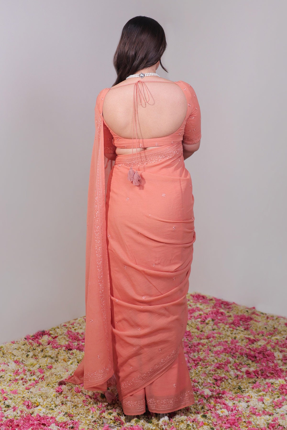 Terracotta Red Pure Mulmul Saree with Ek Taar Embroidery