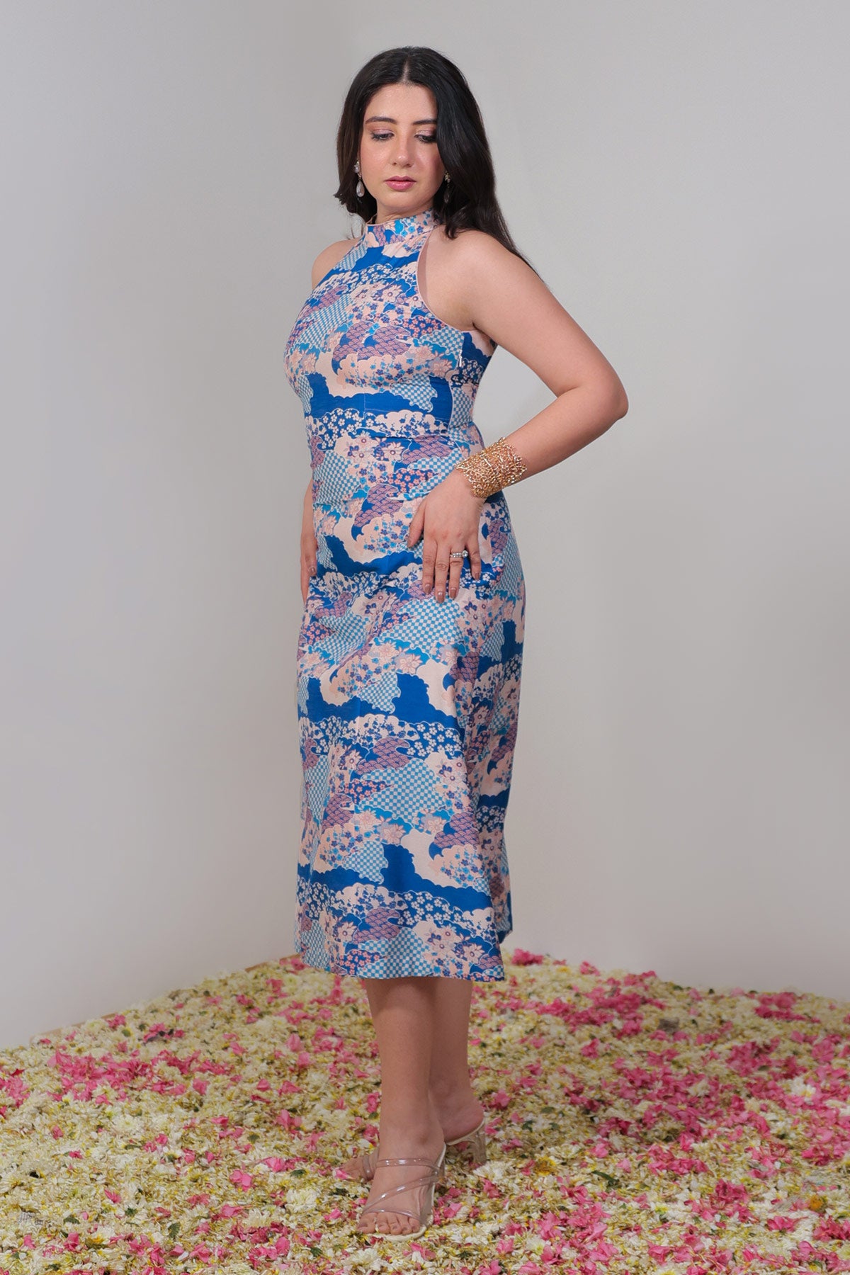 Scallop Floral Blue Halter Dress