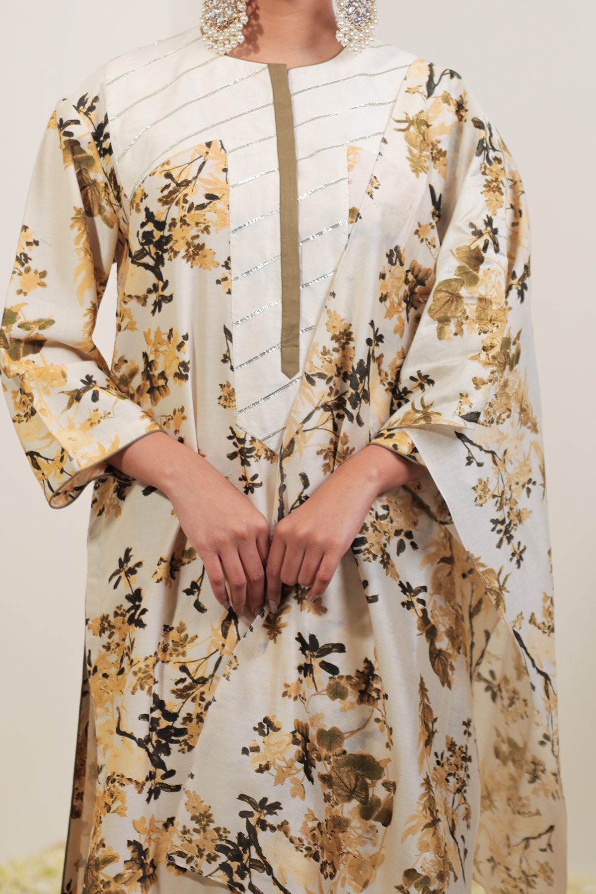 Ivory & Olive Floral Printed Long Suit Set