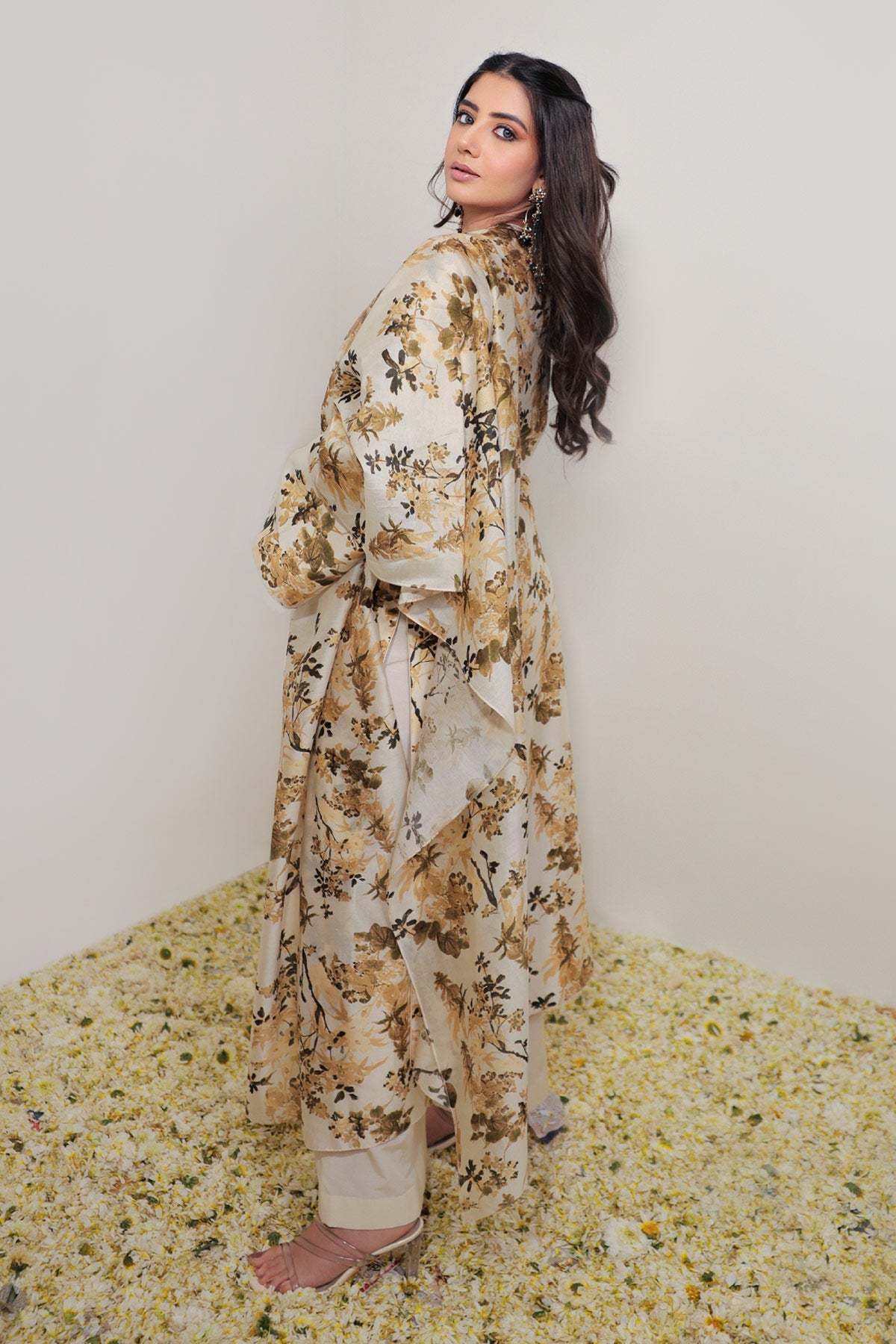 Classic Ivory & Olive Floral Jaal Printed Straight Long Suit Set