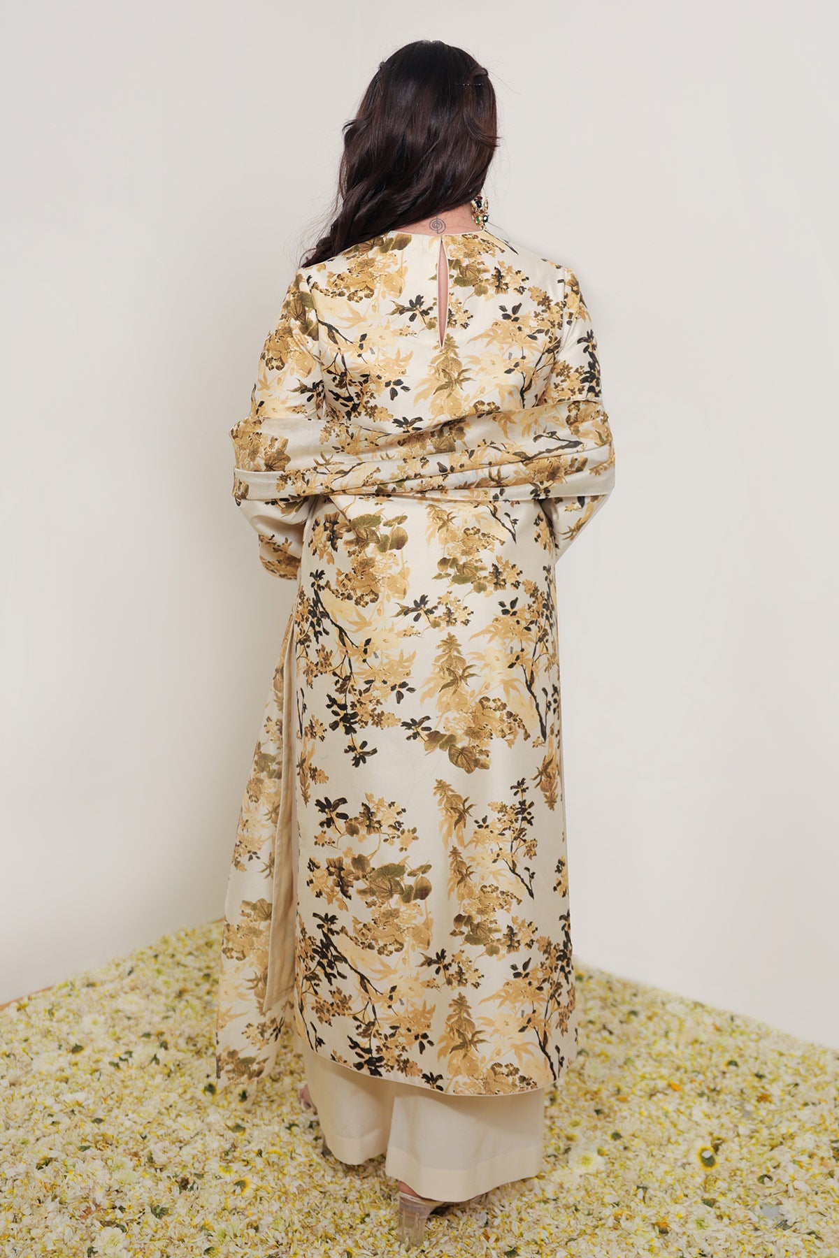 Classic Ivory & Olive Floral Jaal Printed Straight Long Suit Set