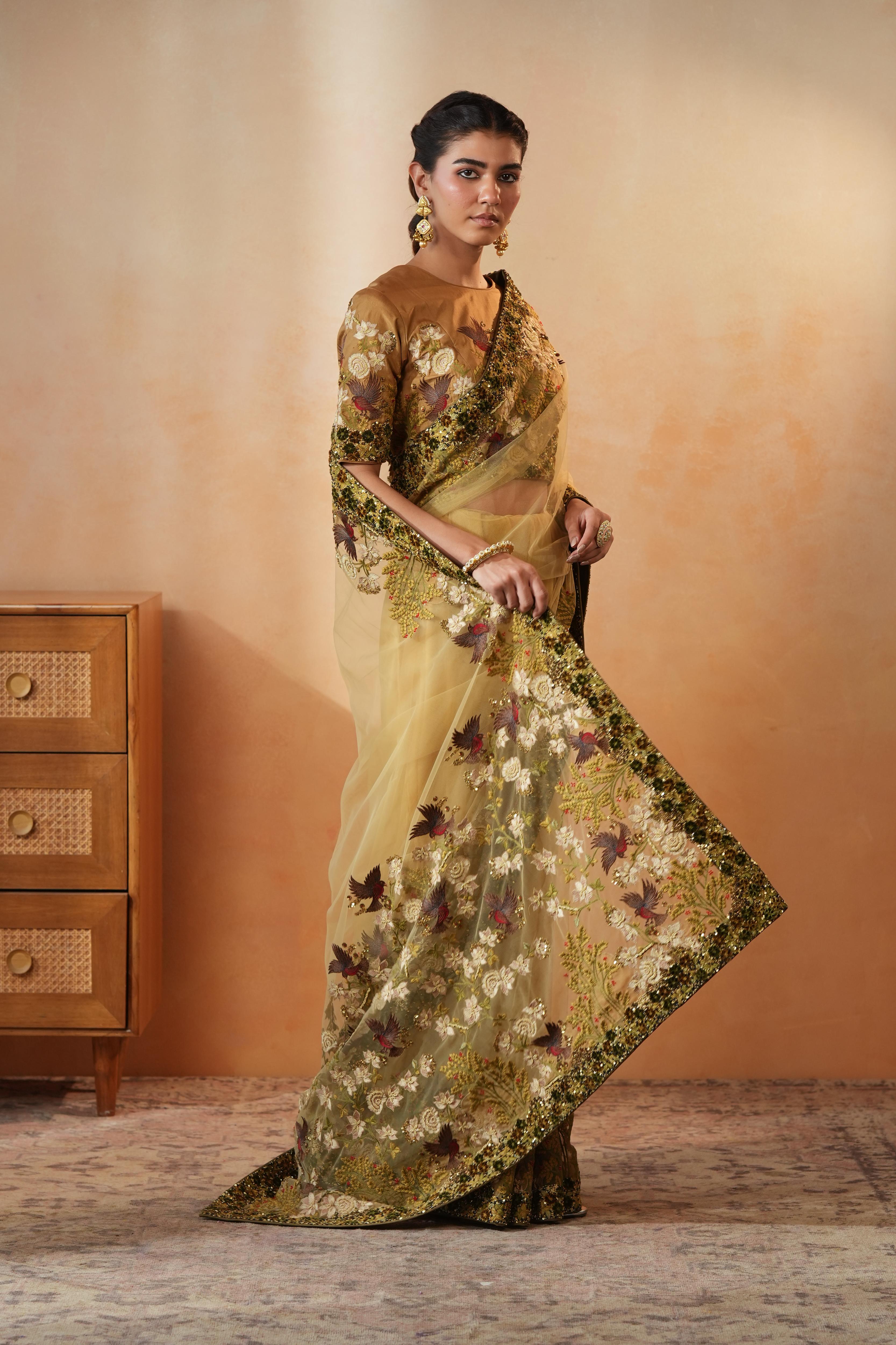 Olive Bird Net Saree