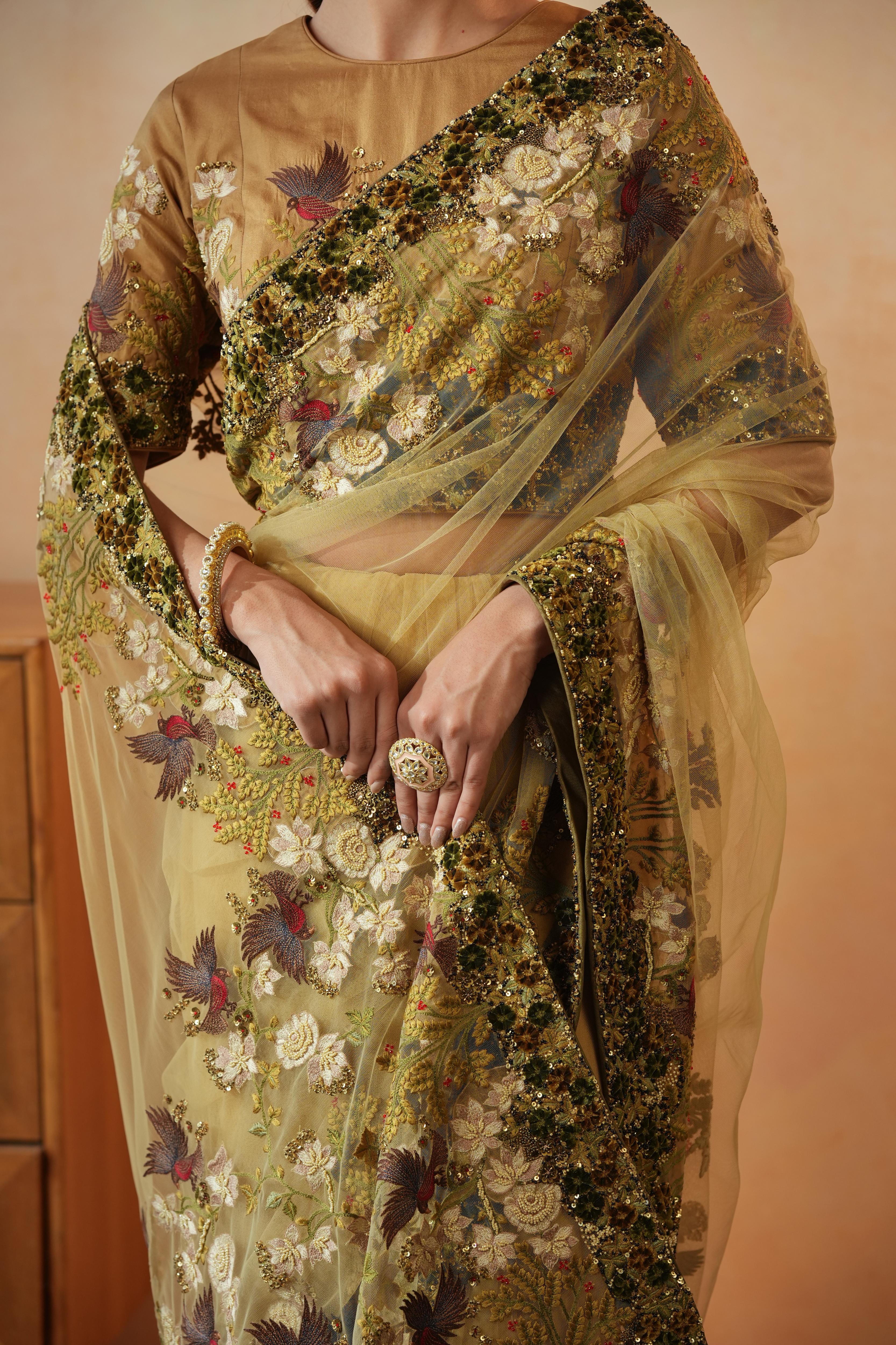 Olive Bird Net Saree