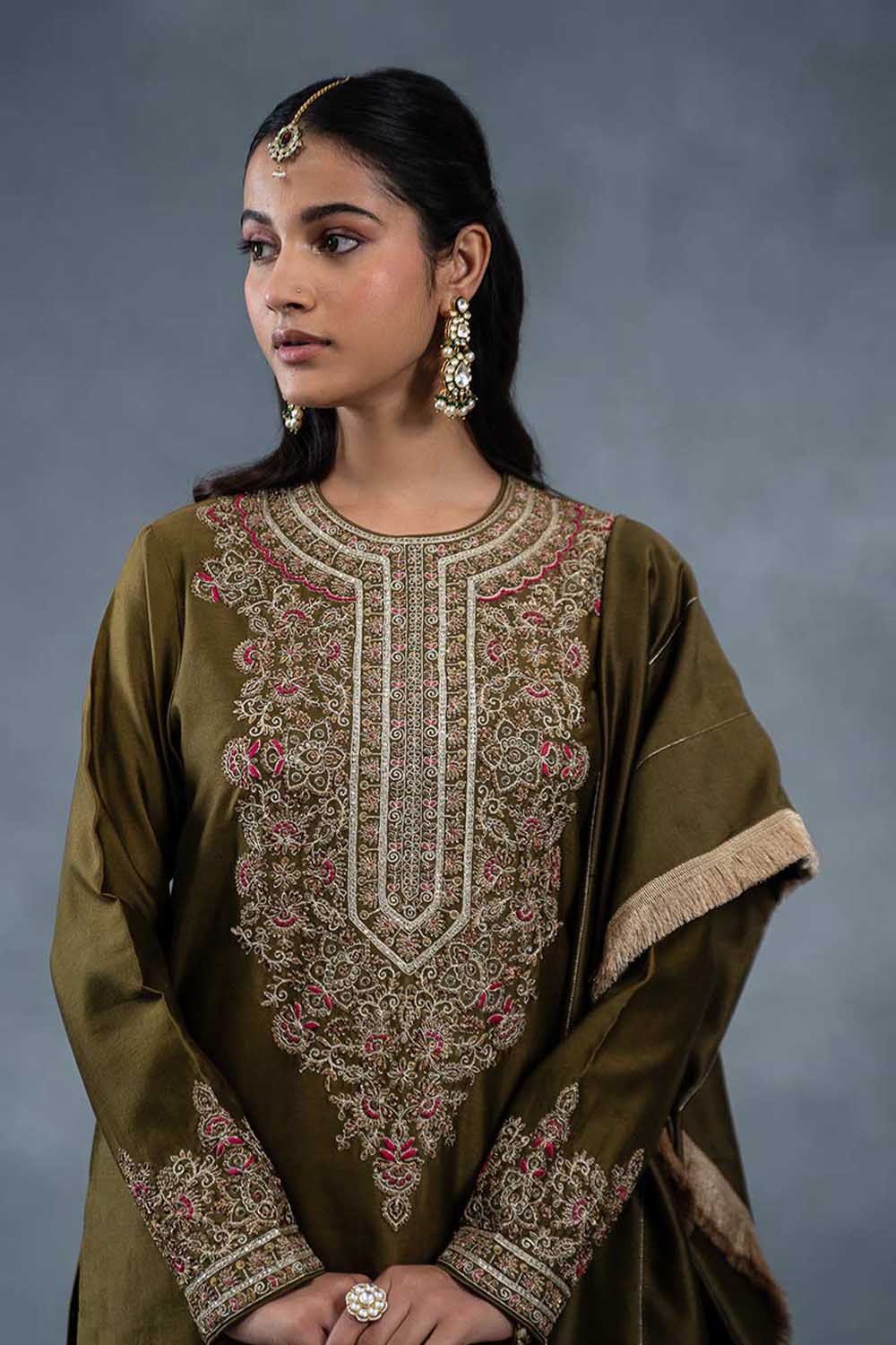Ateef Olive Designer Ethnic Suit Set