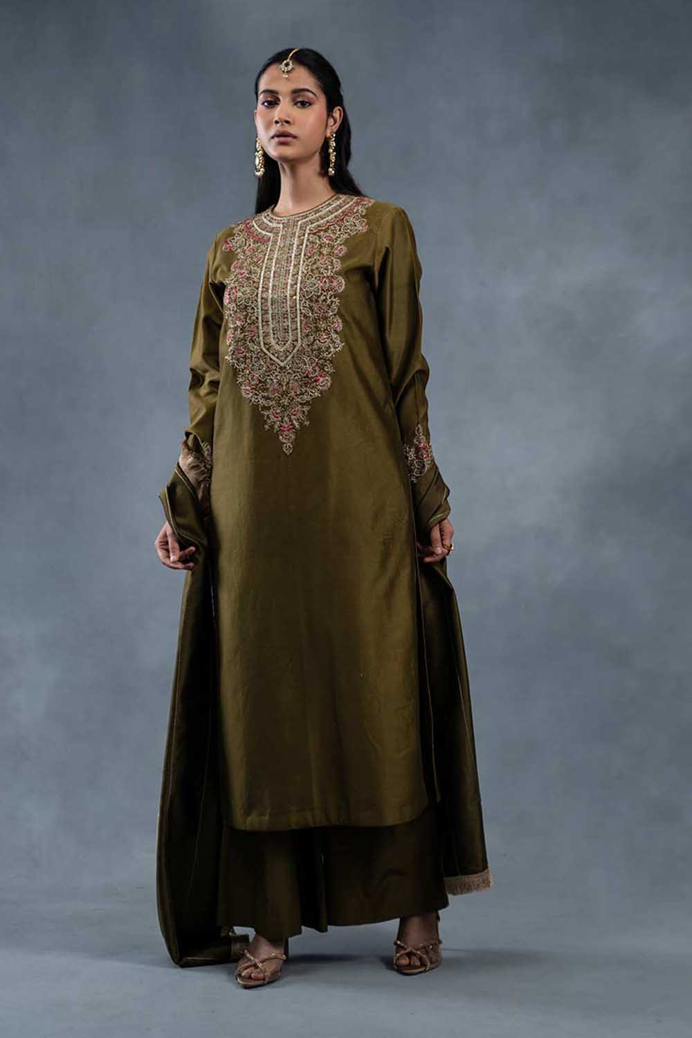 Ateef Olive Festive Designer Suit Set