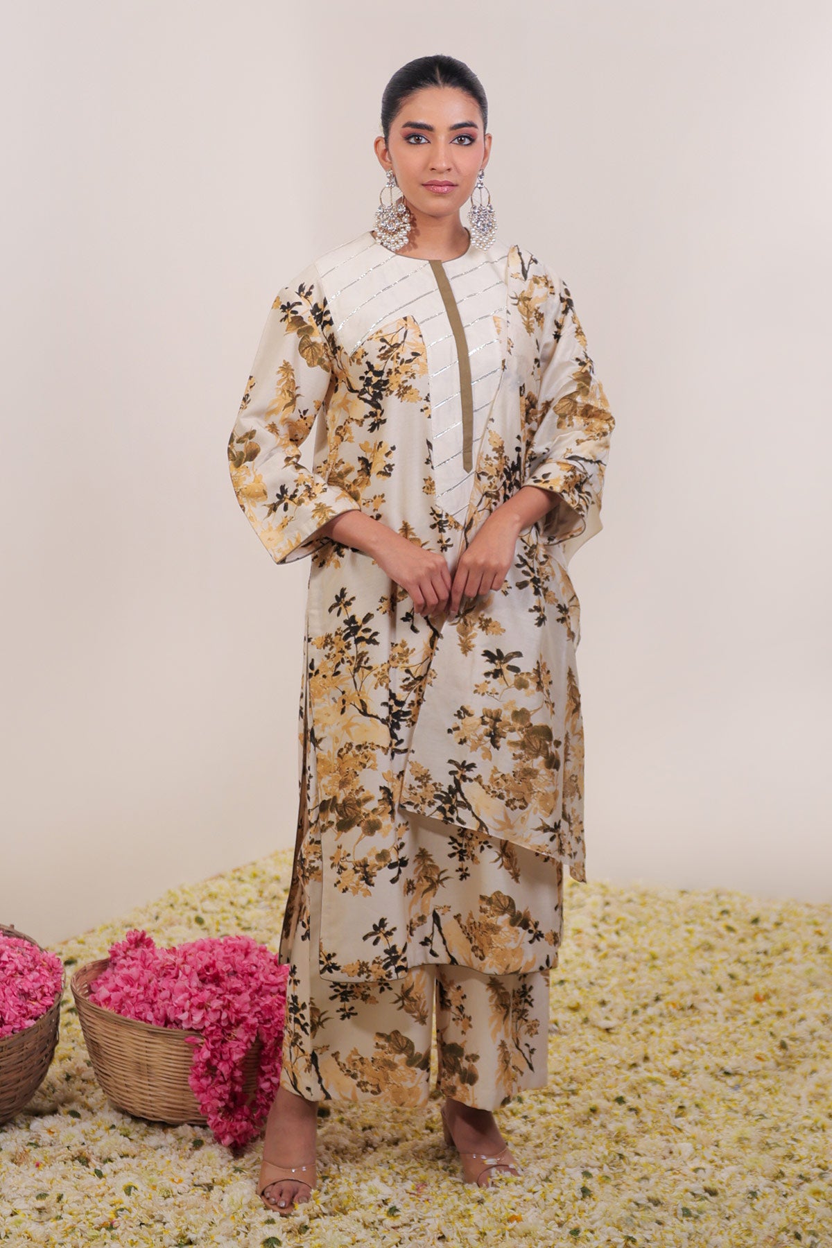 Ivory & Olive Floral Printed Long Suit Set