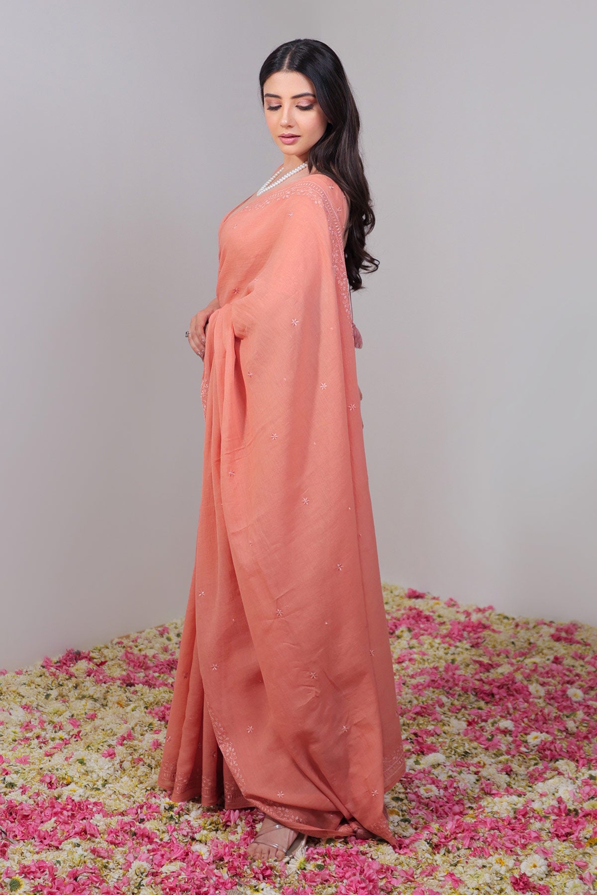 Terracotta Red Pure Mulmul Saree with Ek Taar Embroidery