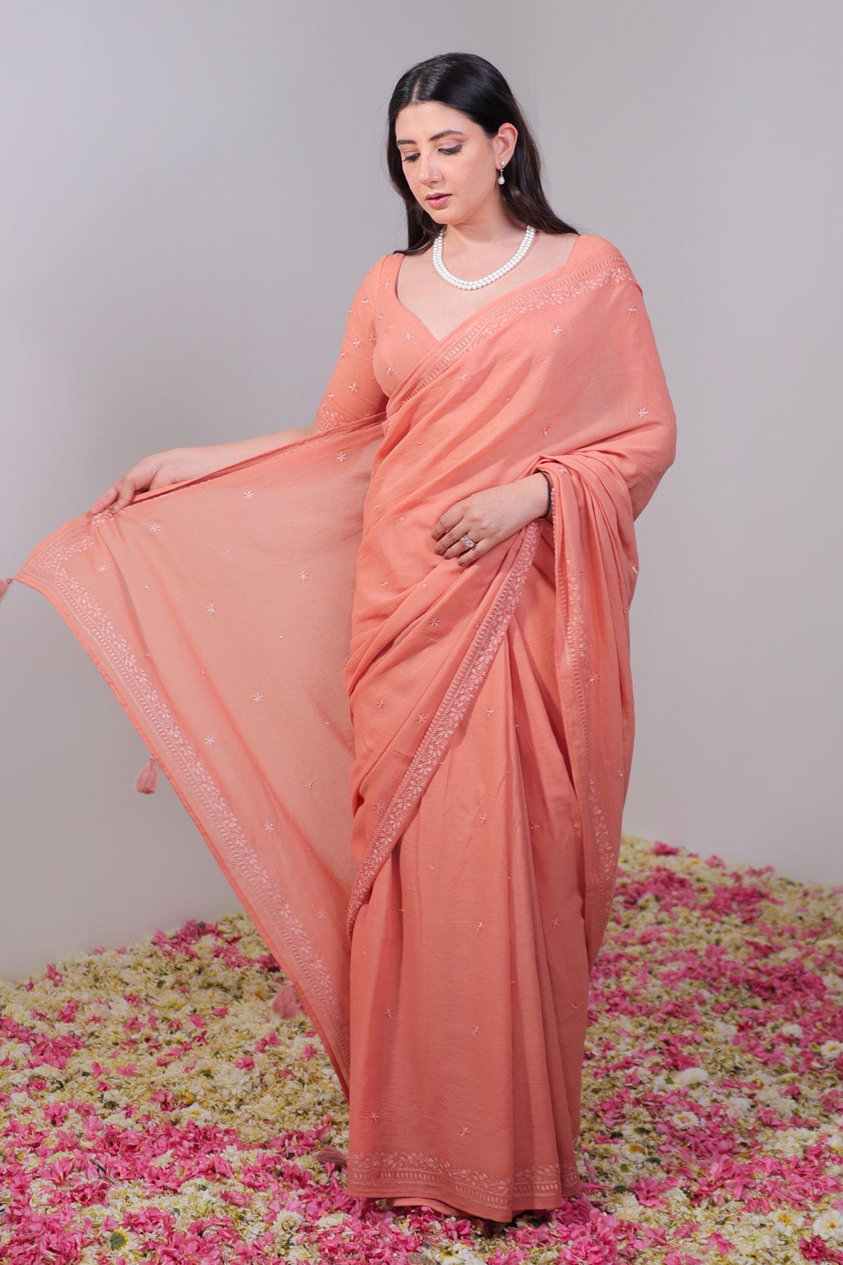 Terracotta Red Pure Mulmul Saree with Ek Taar Embroidery