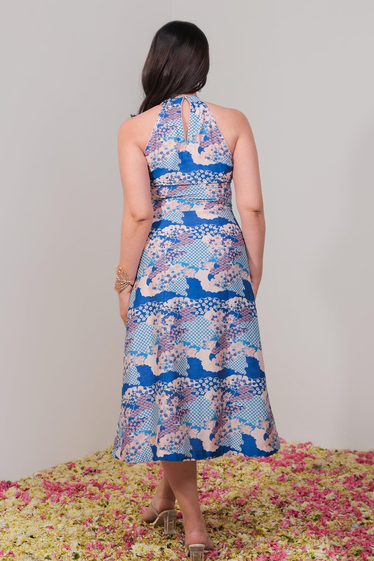 Scallop Floral Blue Halter Dress