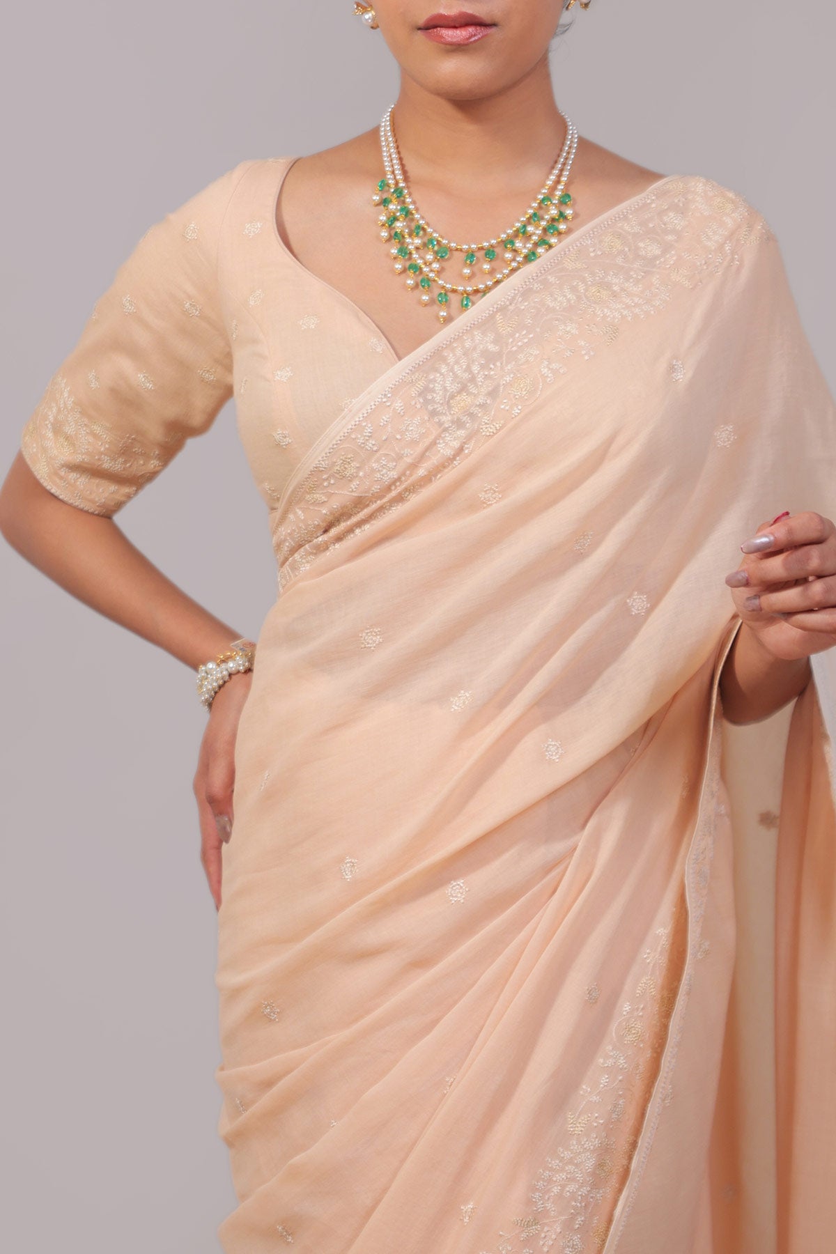 Peach Pure Mulmul Saree with Ek Taar Embroidery