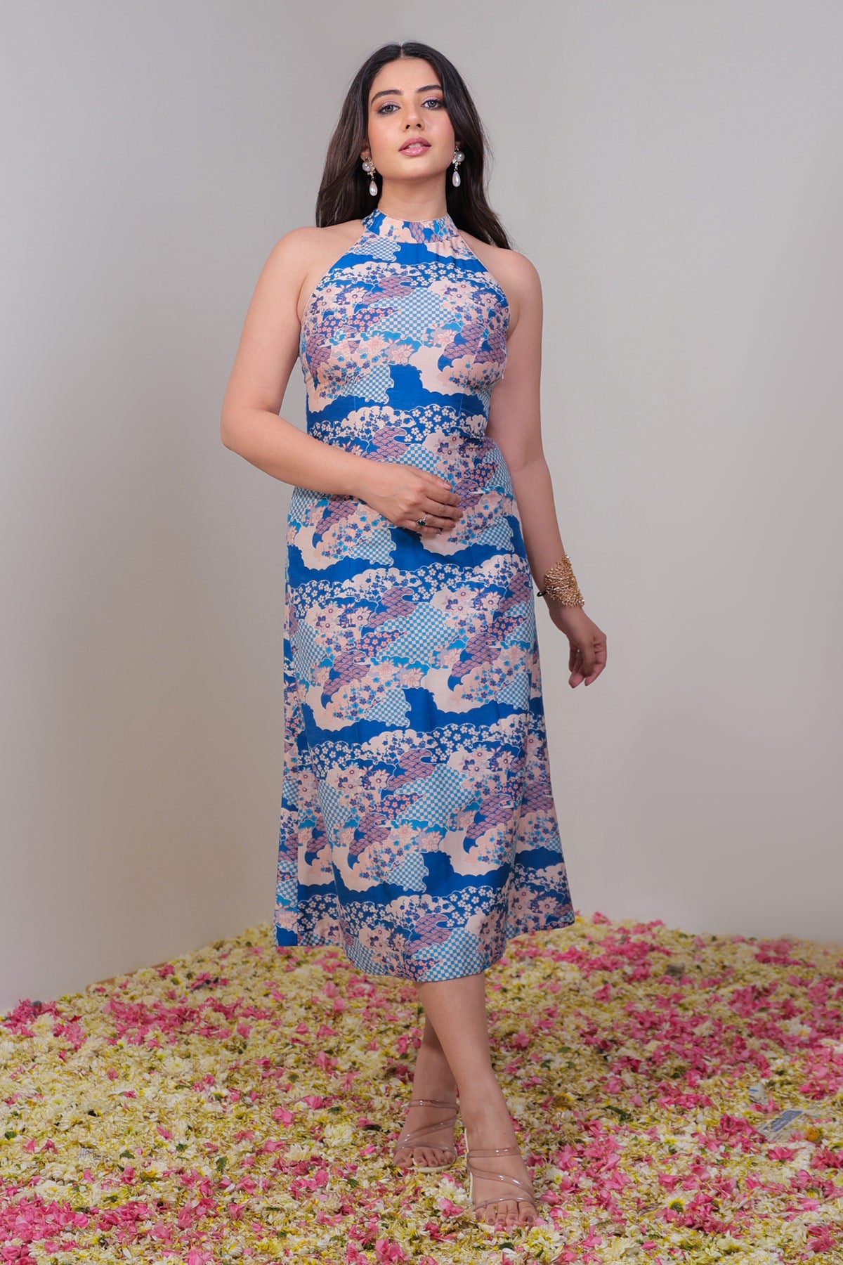 Scallop Floral Blue Halter Dress