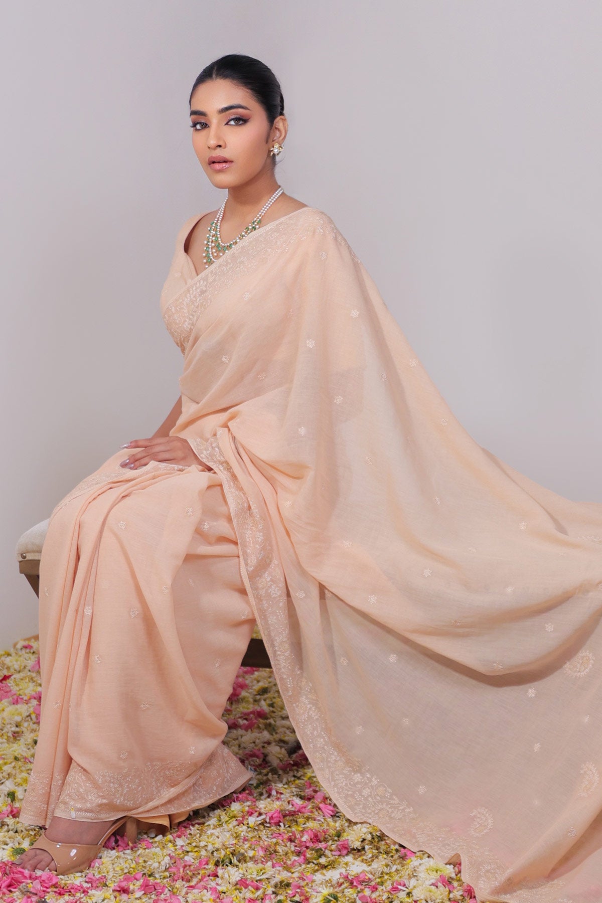 Peach Pure Mulmul Saree with Ek Taar Embroidery