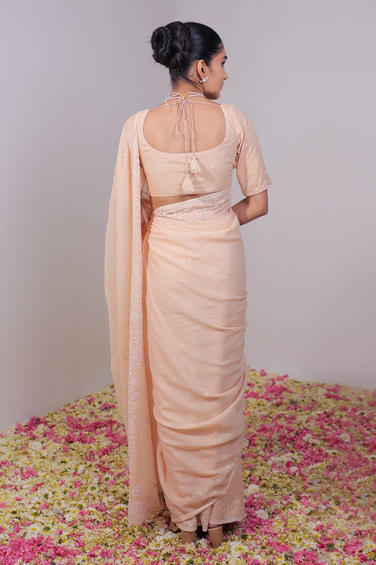 Peach Pure Mulmul Saree with Ek Taar Embroidery