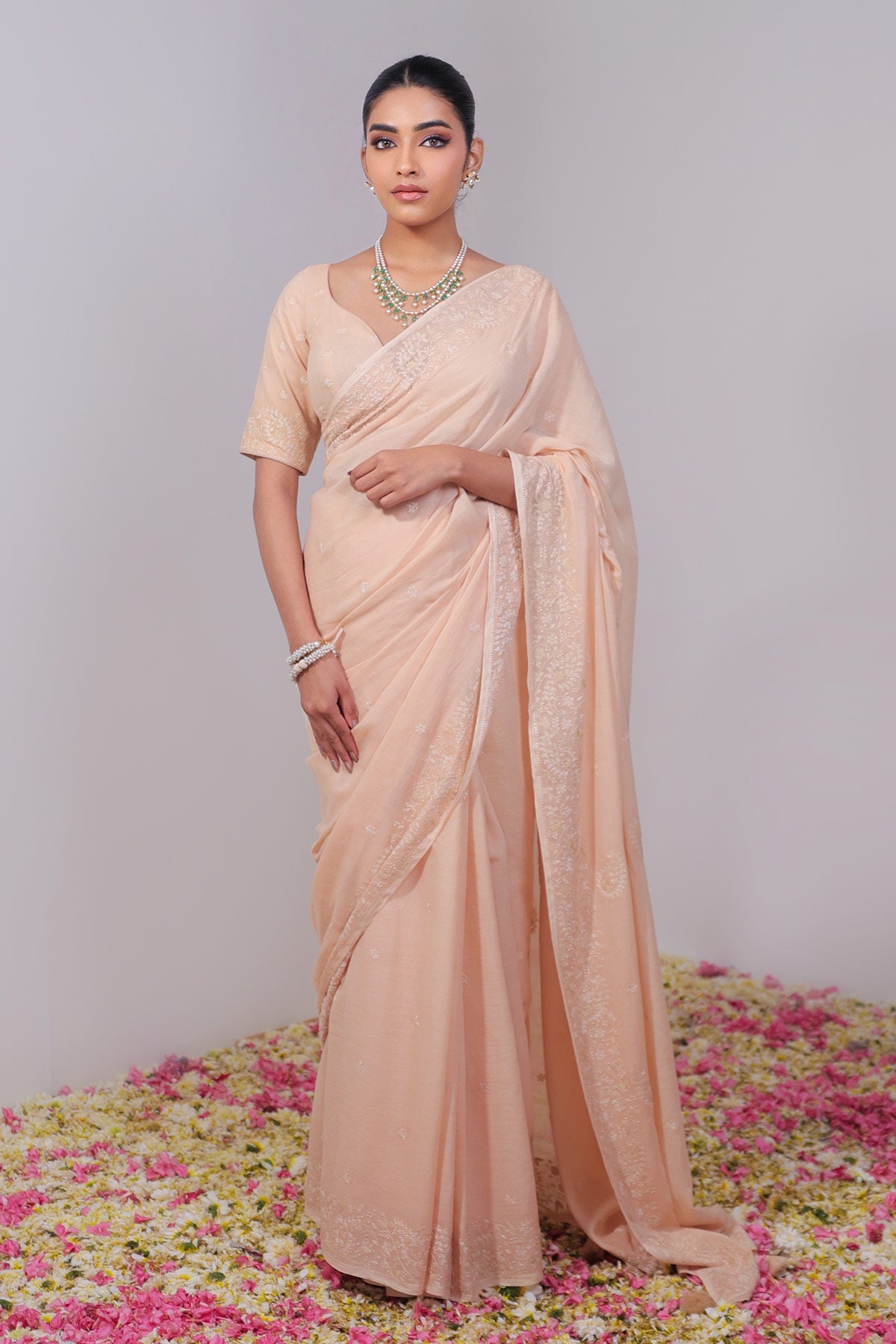 Peach Pure Mulmul Saree with Ek Taar Embroidery