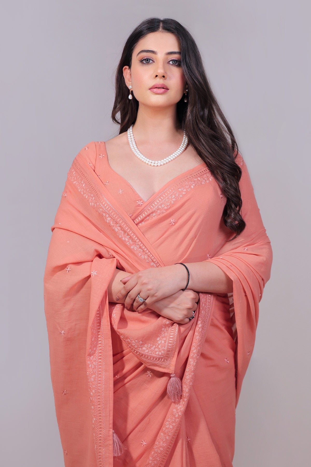 Terracotta Red Pure Mulmul Saree with Ek Taar Embroidery