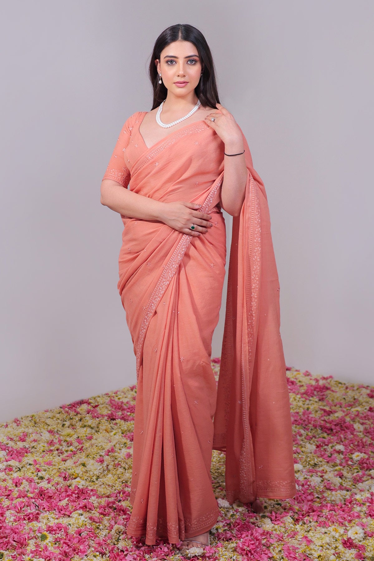 Terracotta Red Pure Mulmul Saree with Ek Taar Embroidery