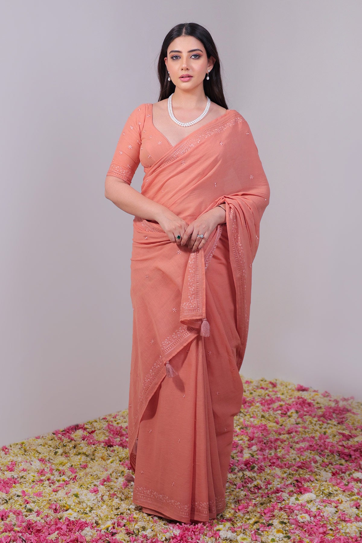 Terracotta Red Pure Mulmul Saree with Ek Taar Embroidery