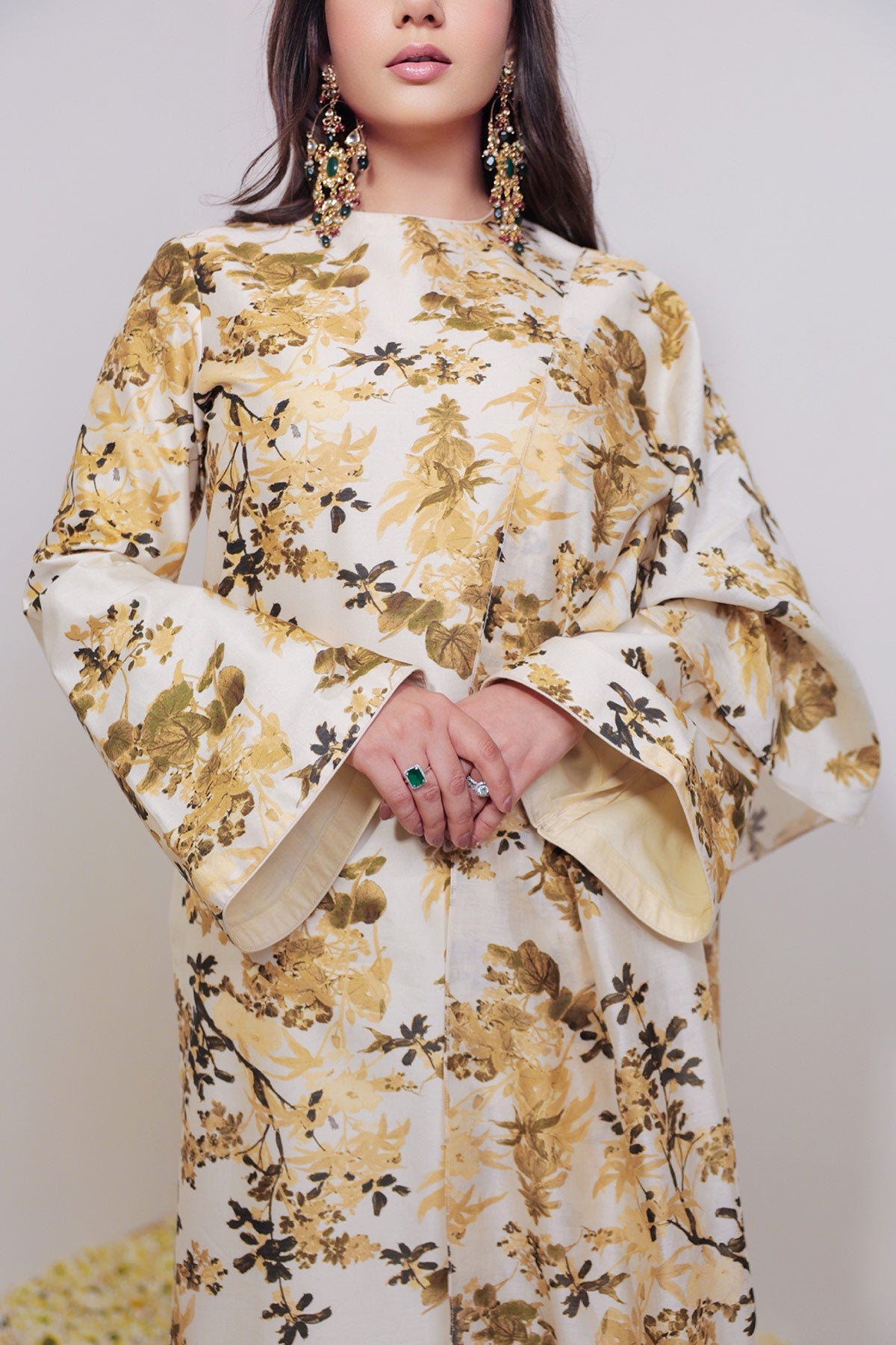 Classic Ivory & Olive Floral Jaal Printed Straight Long Suit Set