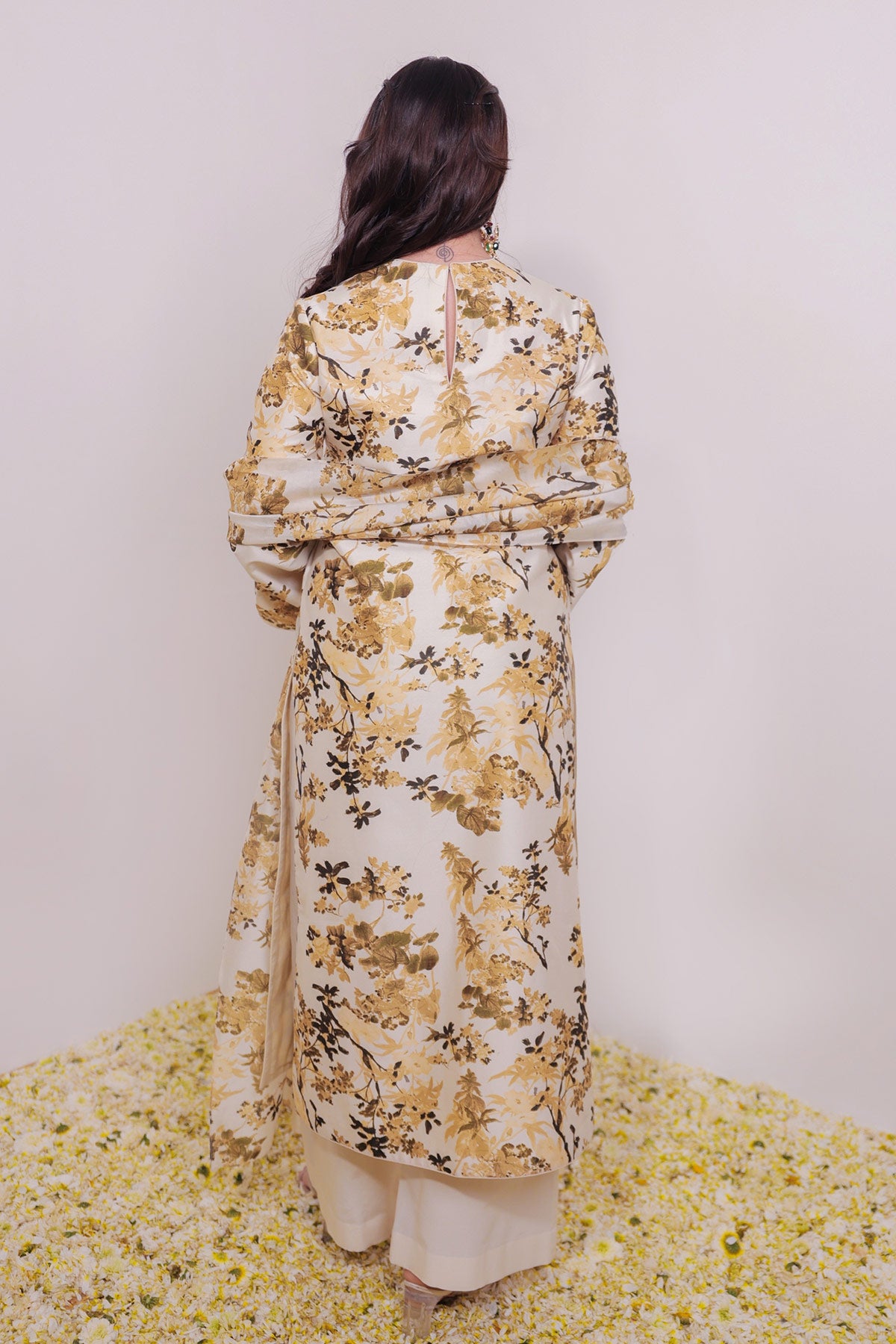 Classic Ivory & Olive Floral Jaal Printed Straight Long Suit Set