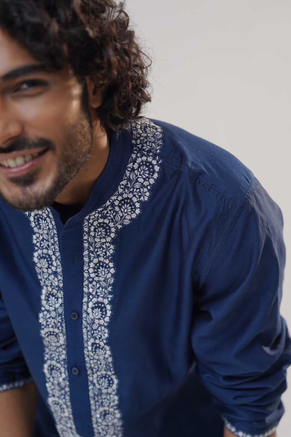 Navy Peony Blue Pearl Neck Kurta Set-