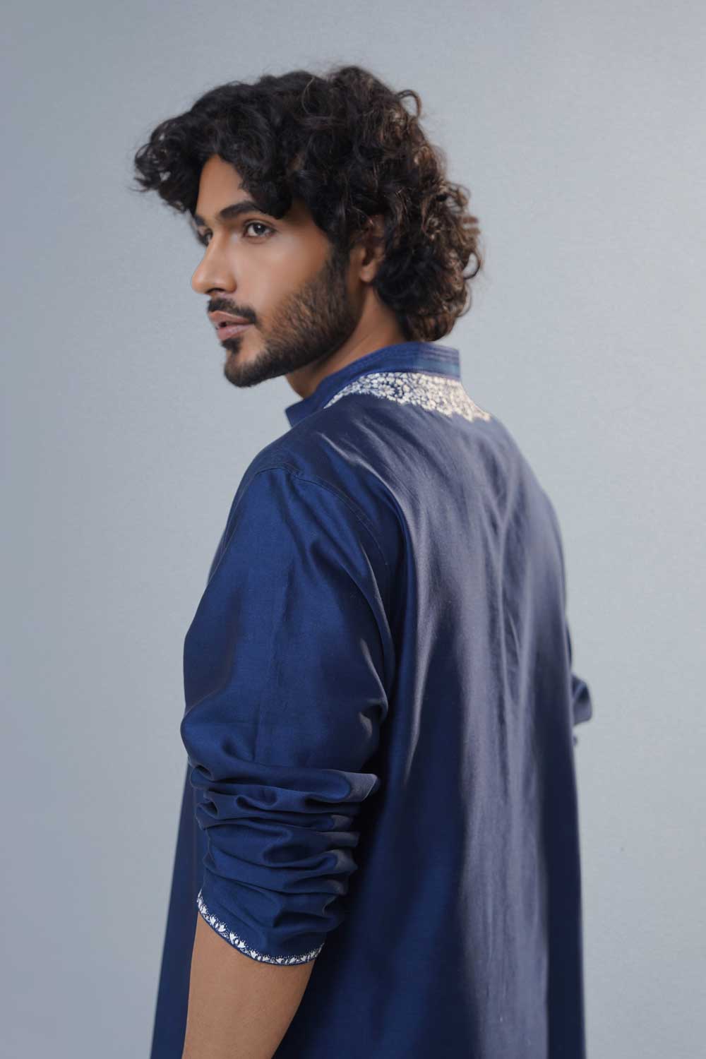Navy Peony Blue Pearl Neck Kurta Set-