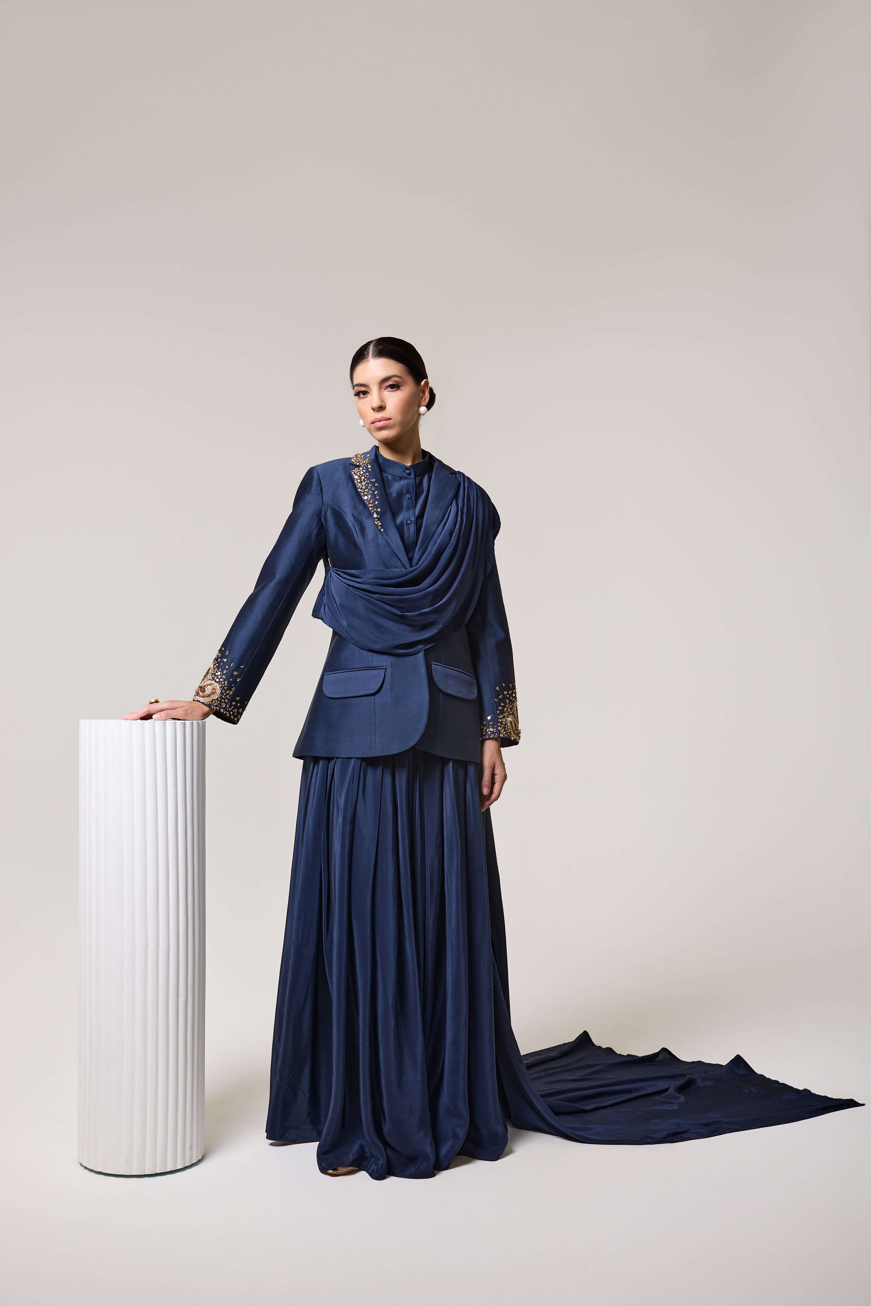 Midnight Spark Blazar with Drape Skirt Set