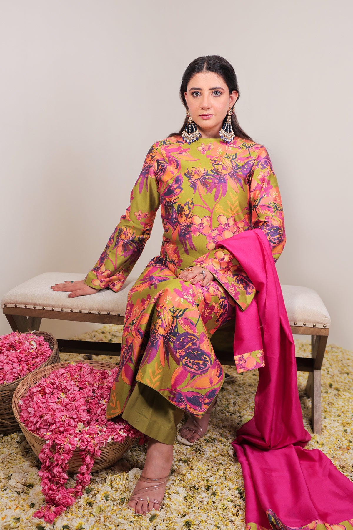 Green Floral Jaal Printed Straight Long Suit Set