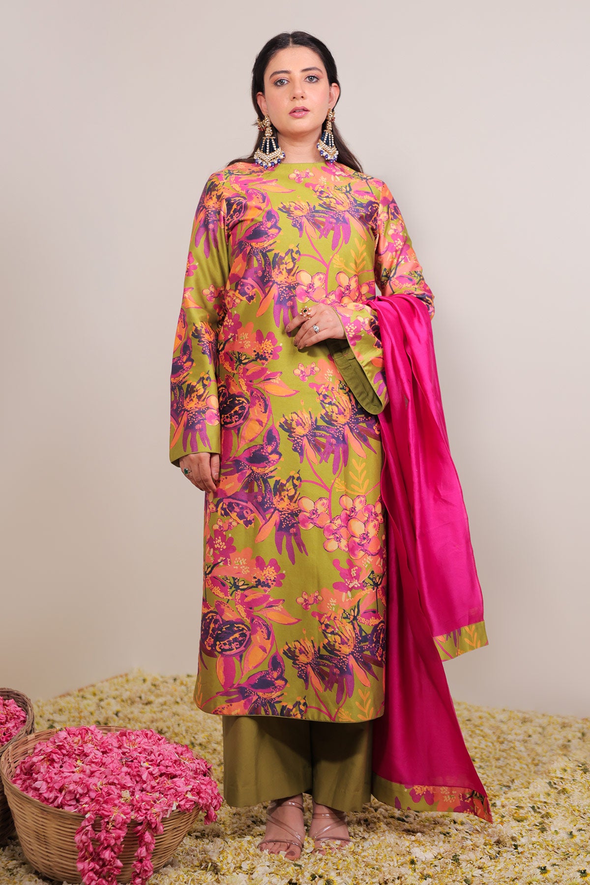 Green Floral Jaal Printed Straight Long Suit Set