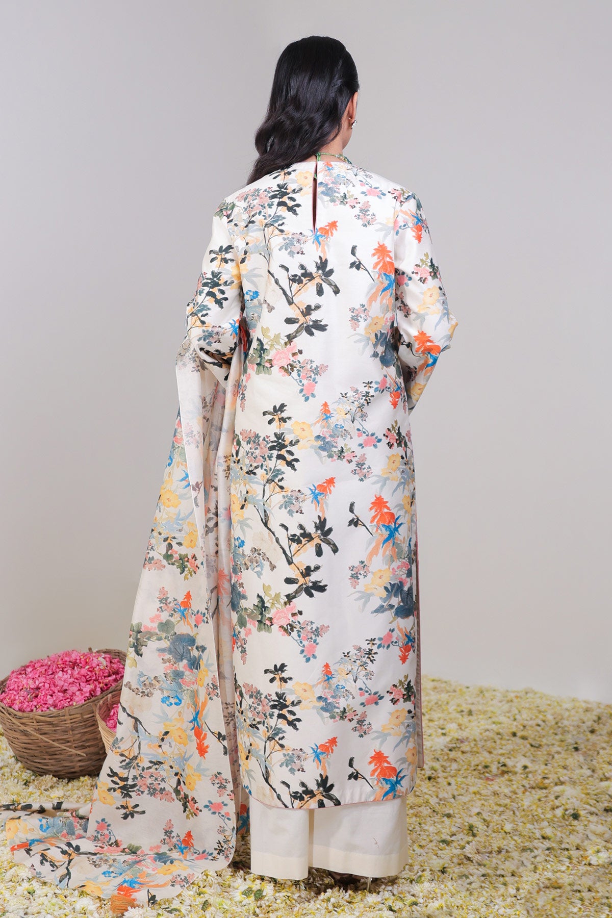Classic Ivory Floral Jaal Printed Straight Long Suit Set