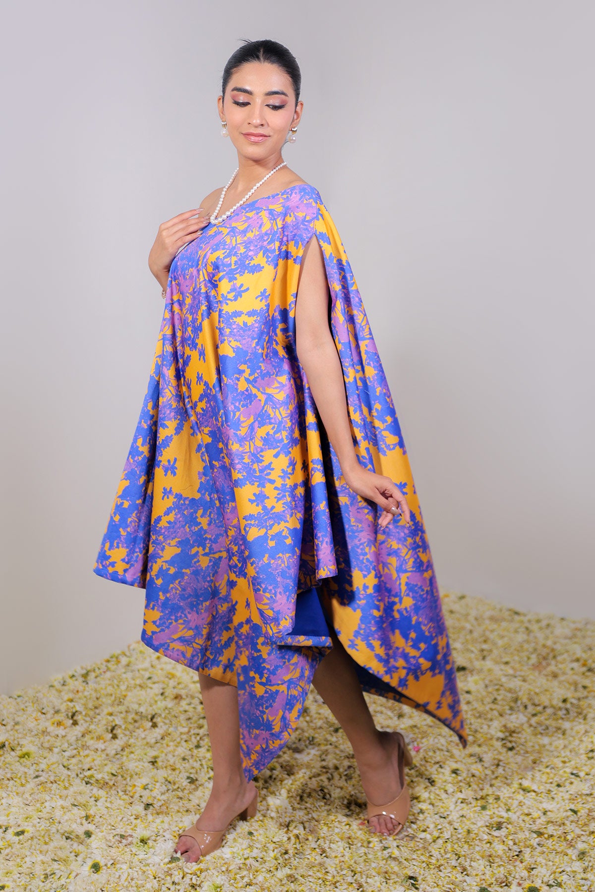 Orange, Blue/Purple Off-Shoulder Poncho Dress