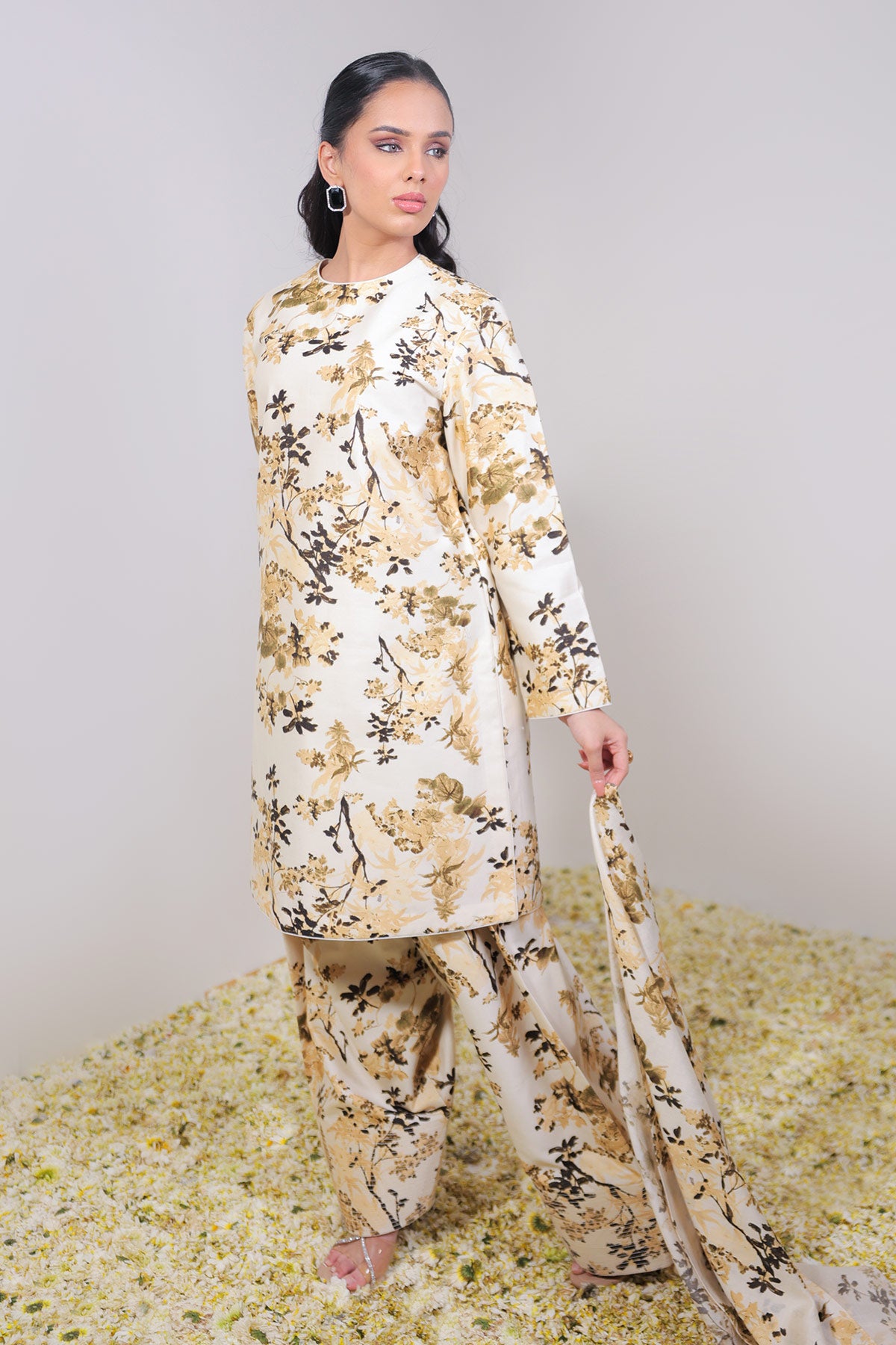 Classic Ivory & Olive Floral Printed Jacket Suit Set