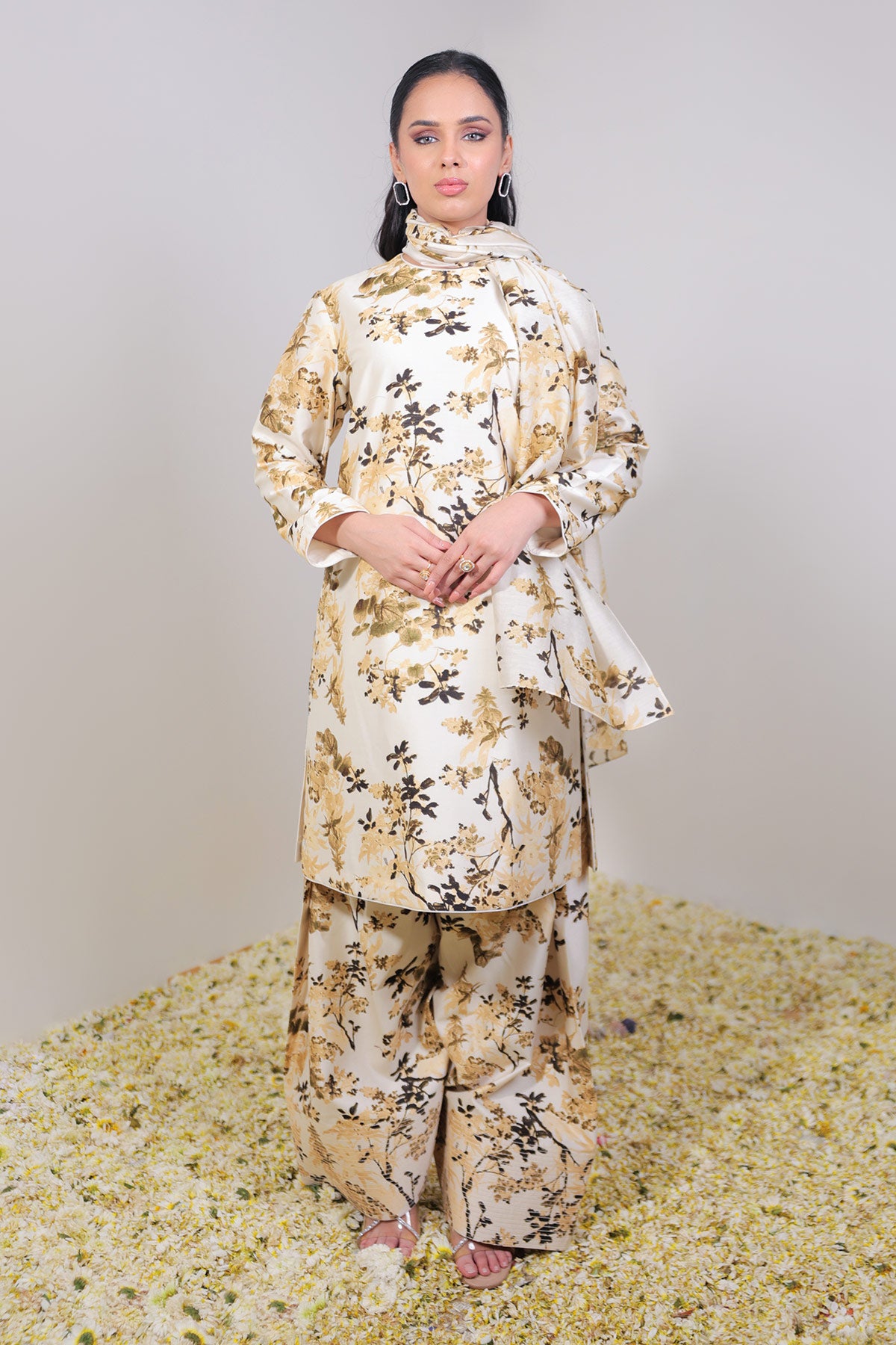 Classic Ivory & Olive Floral Printed Jacket Suit Set