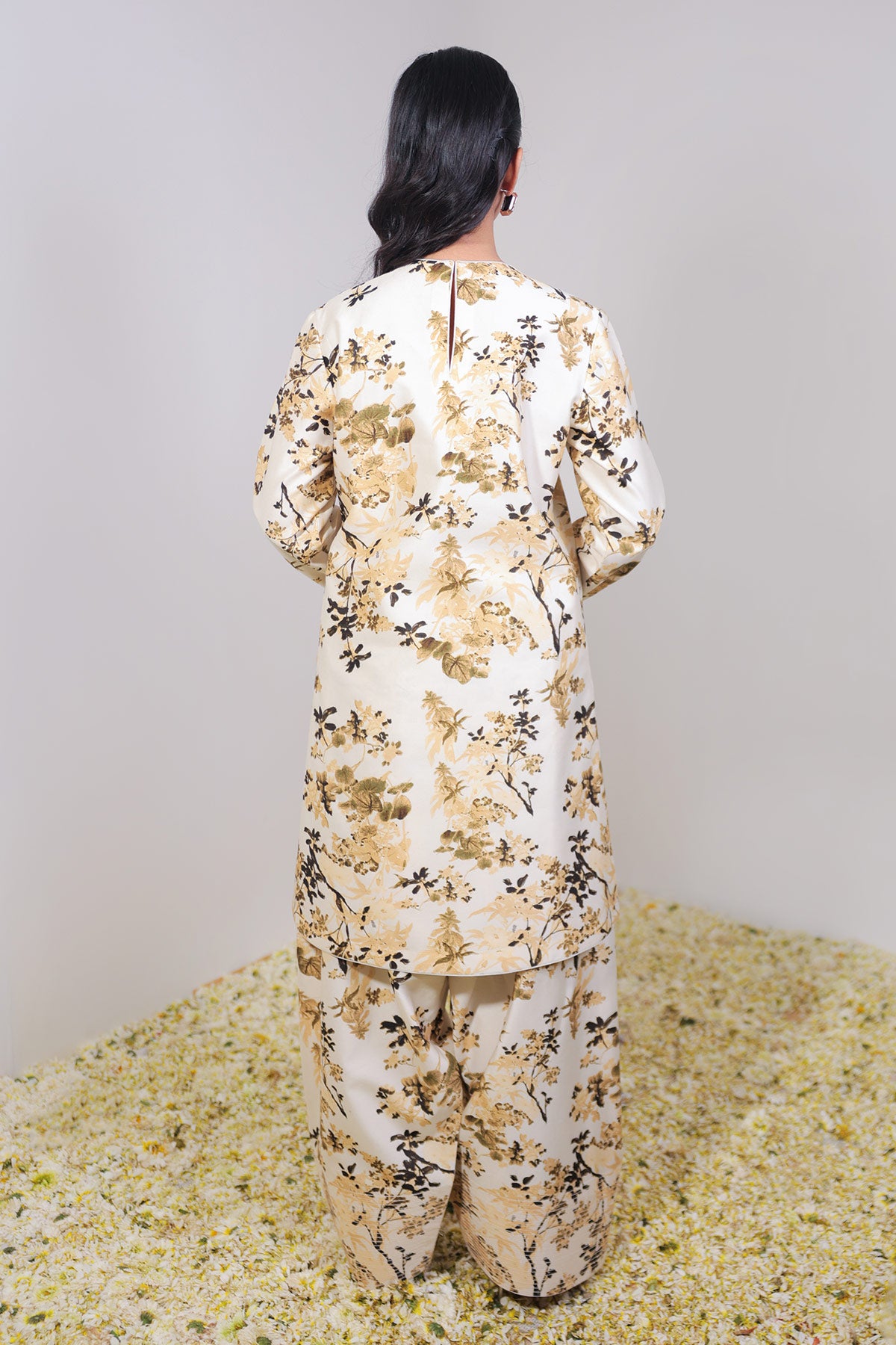 Classic Ivory & Olive Floral Printed Jacket Suit Set