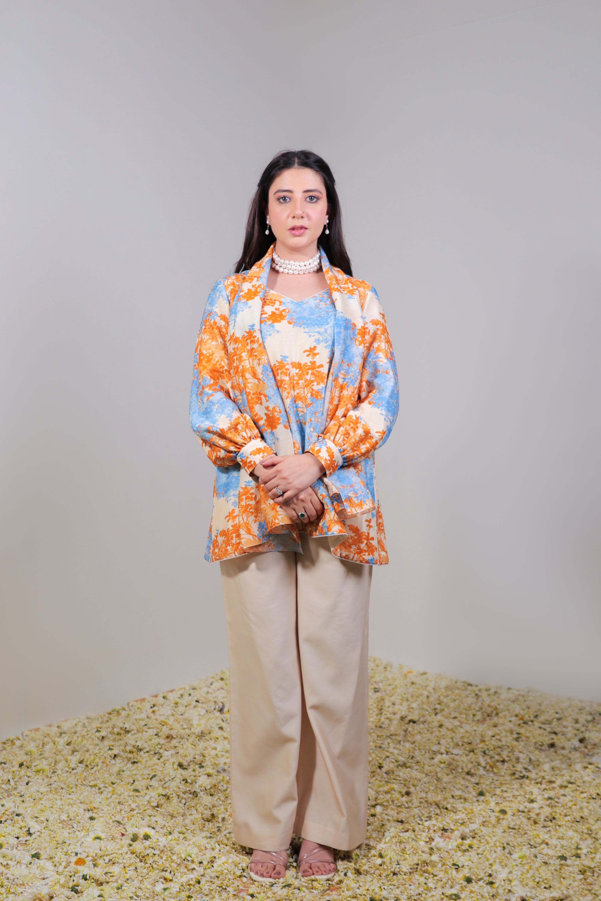 Orange Floral Jaal Co-ord Set with Palazzo & Stole