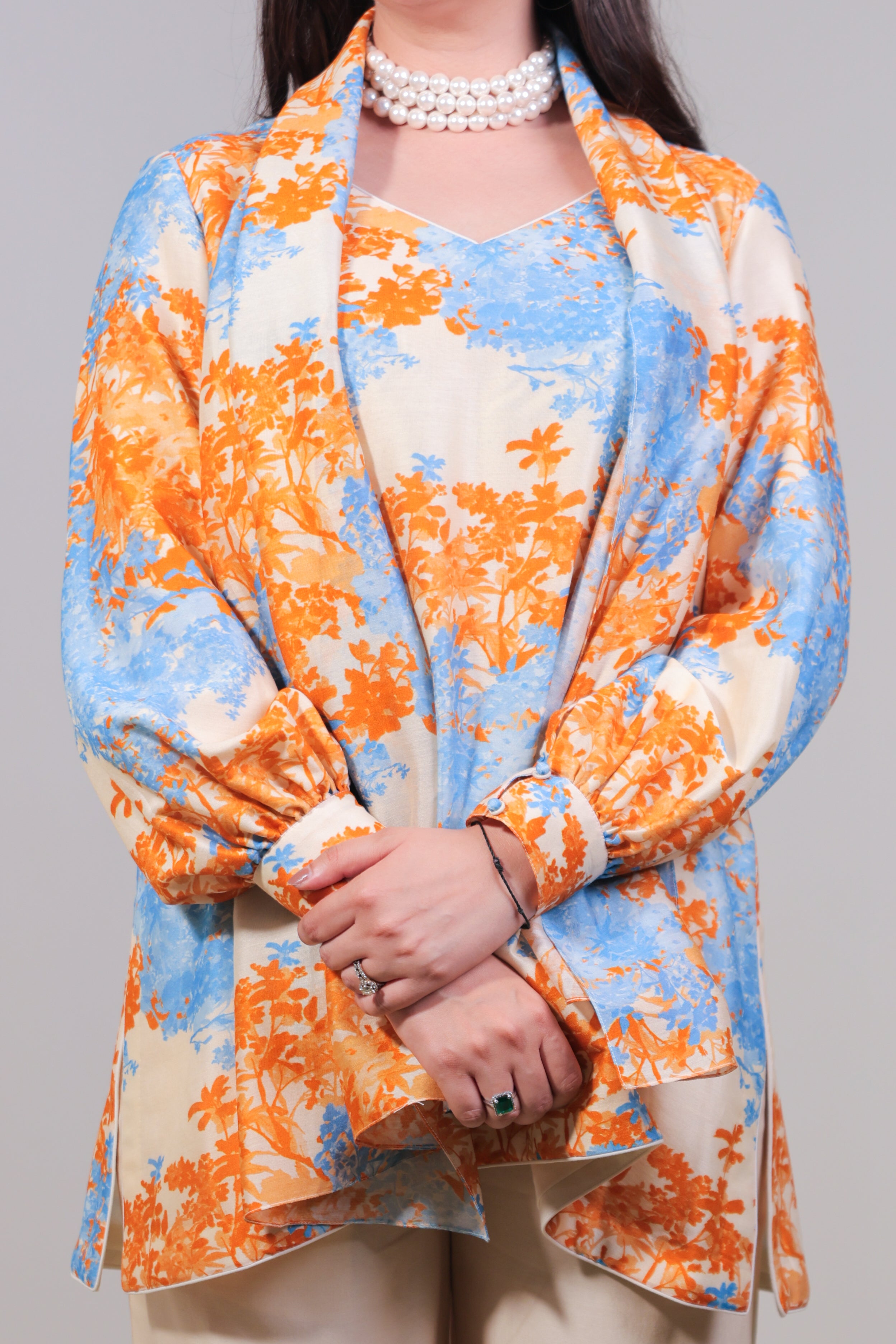 Orange Floral Jaal Co-ord Set with Palazzo & Stole