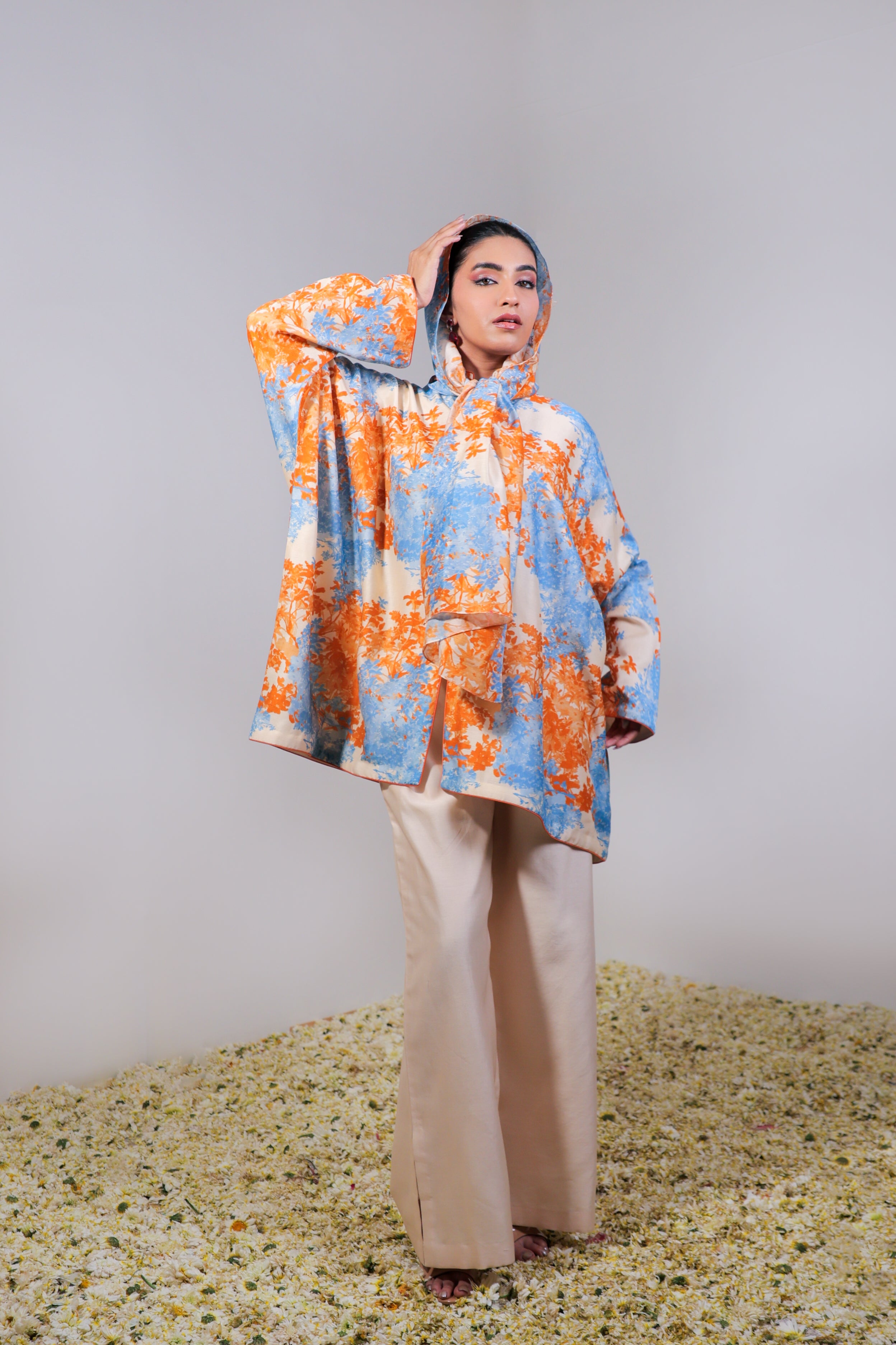 Orange & Sky Blue Cape Style Floral Jaal Cord Set with Palazzo & Stole