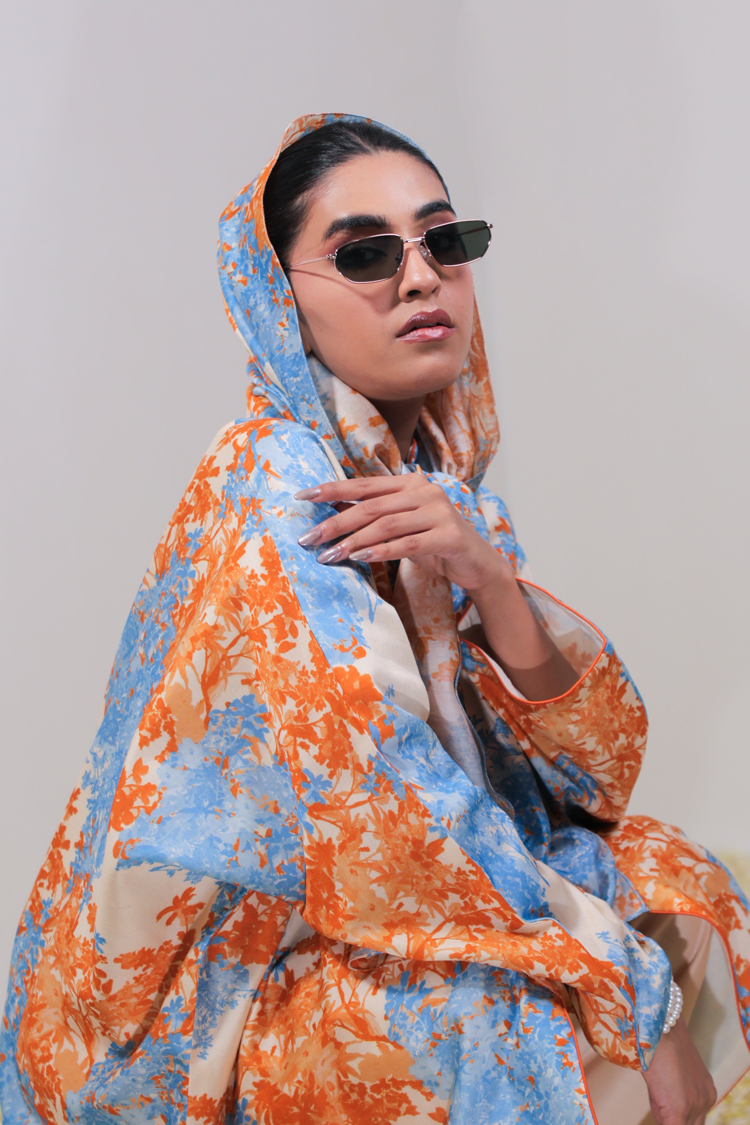 Orange & Sky Blue Cape Style Floral Jaal Cord Set with Palazzo & Stole