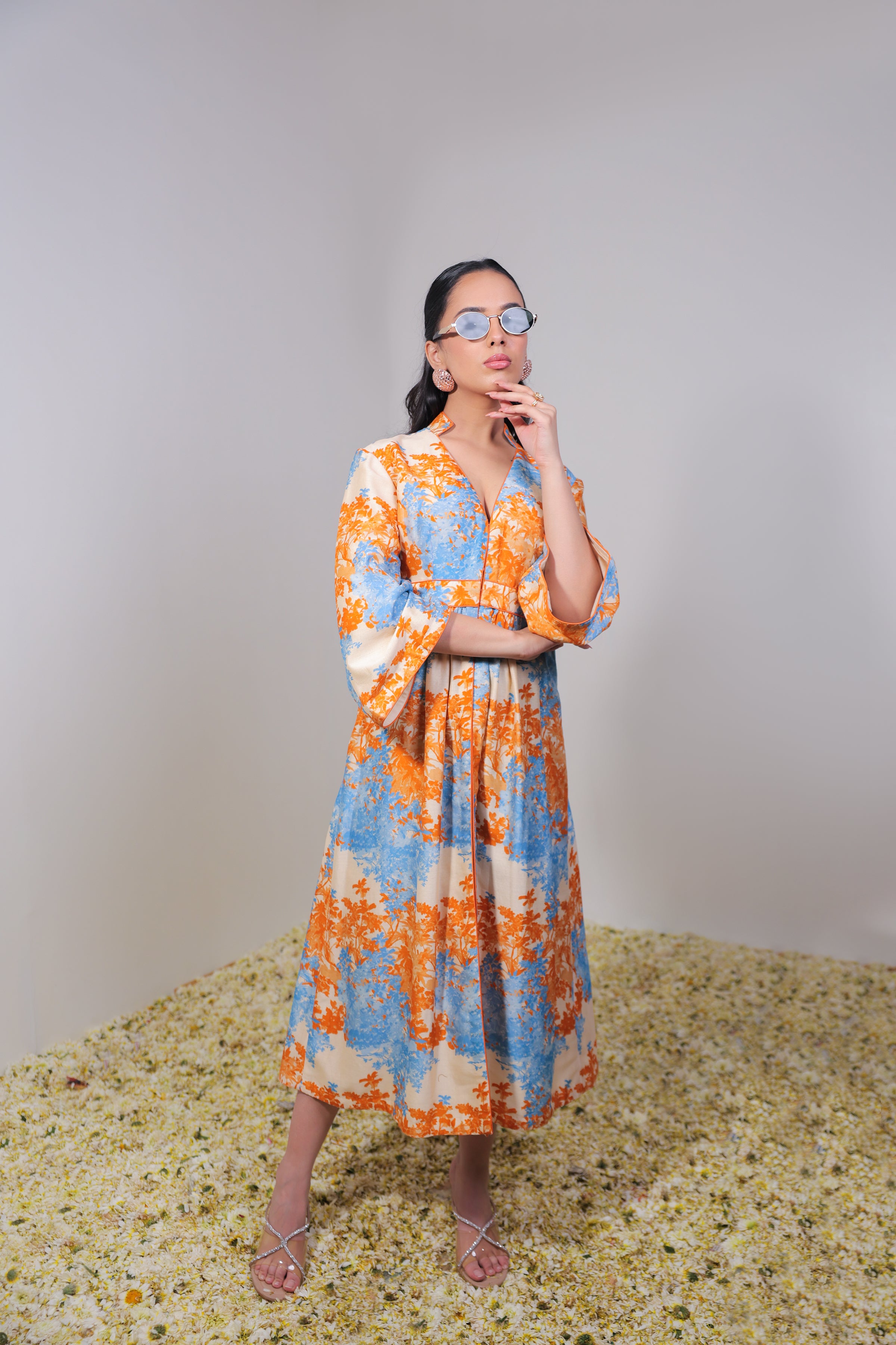 Orange & Sky Blue Floral Dress