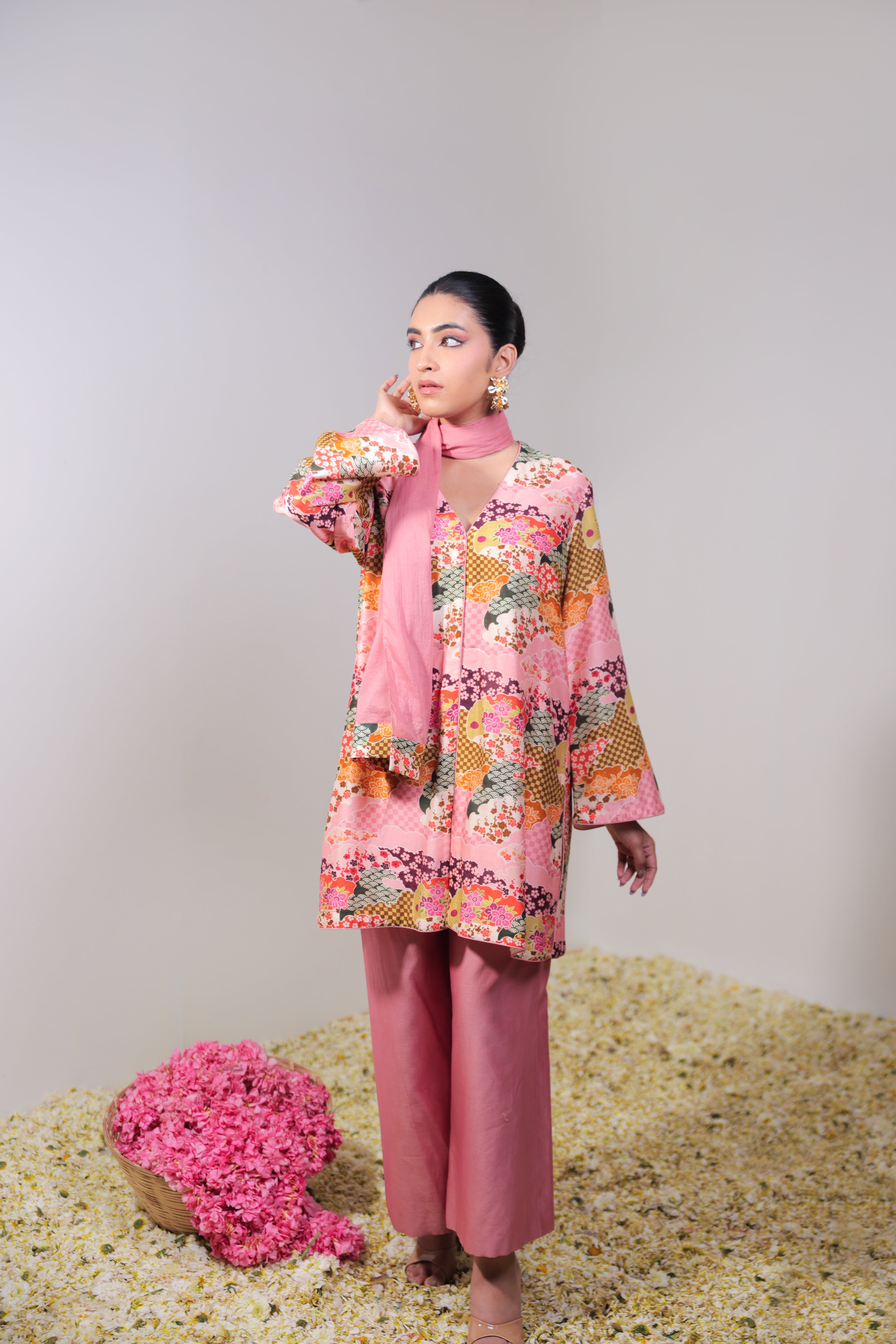 Pink Floral Co-ord Set with Palazzo & Stole