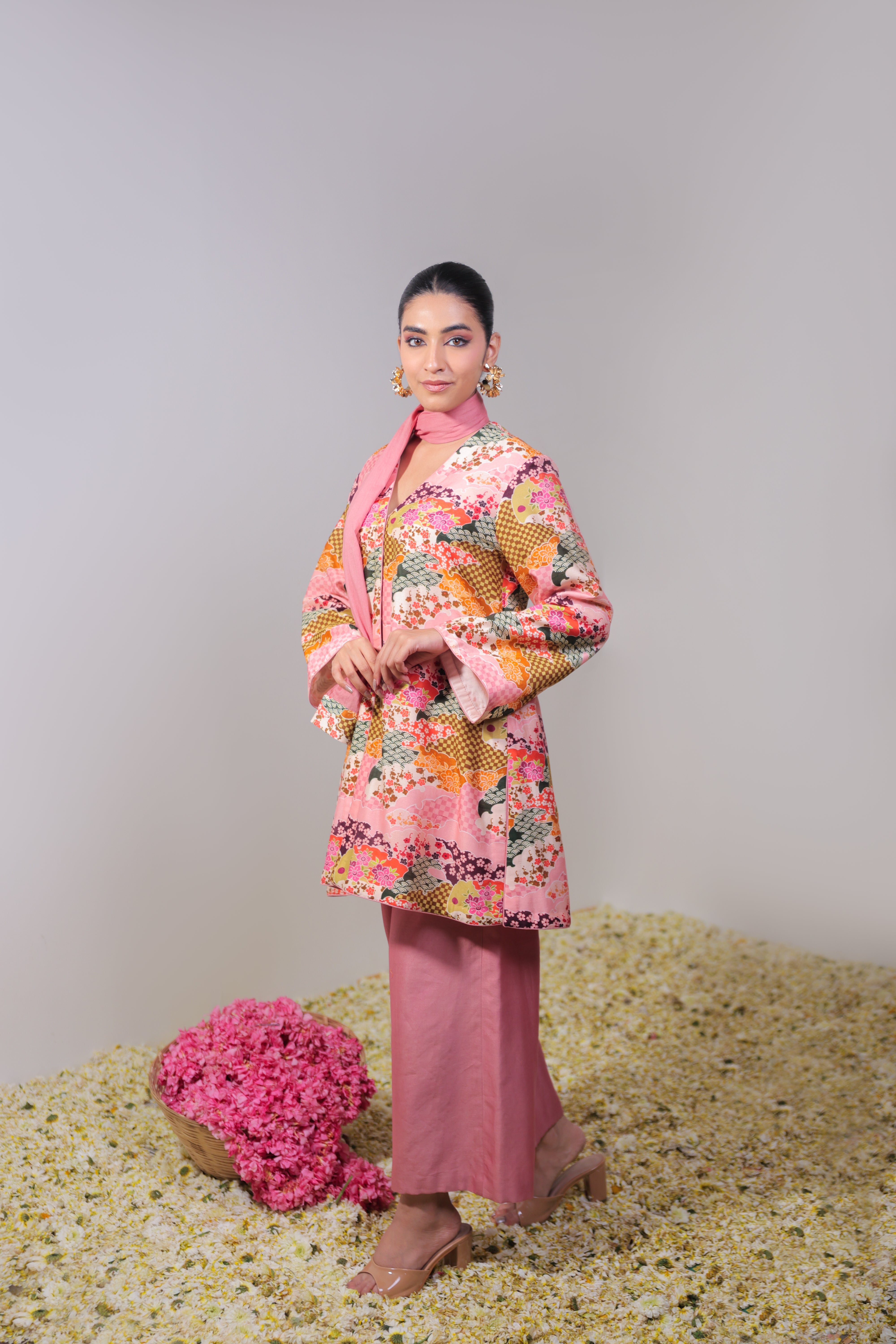 Pink Floral Co-ord Set with Palazzo & Stole