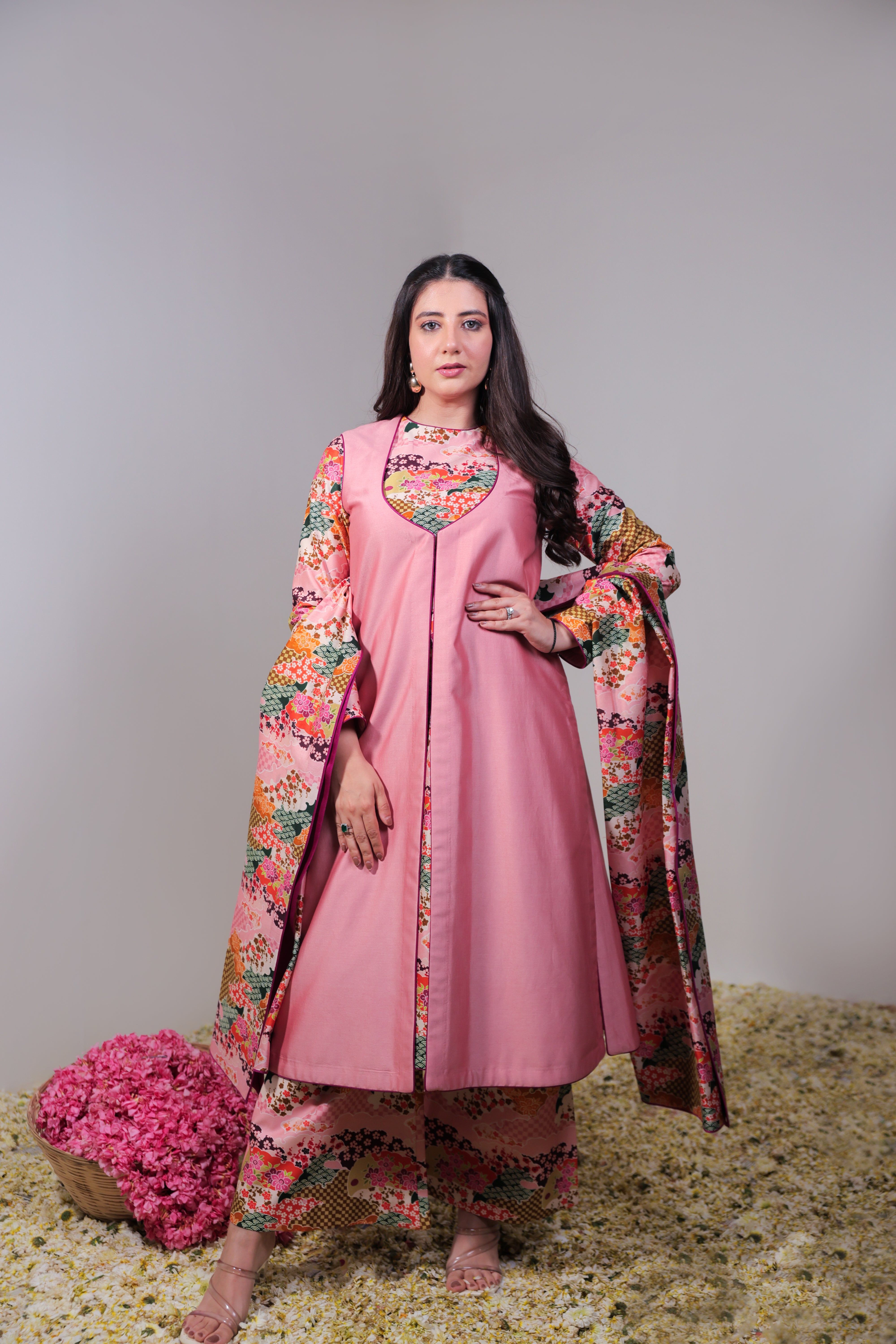 Pink Floral Printed Jacket Suit Set