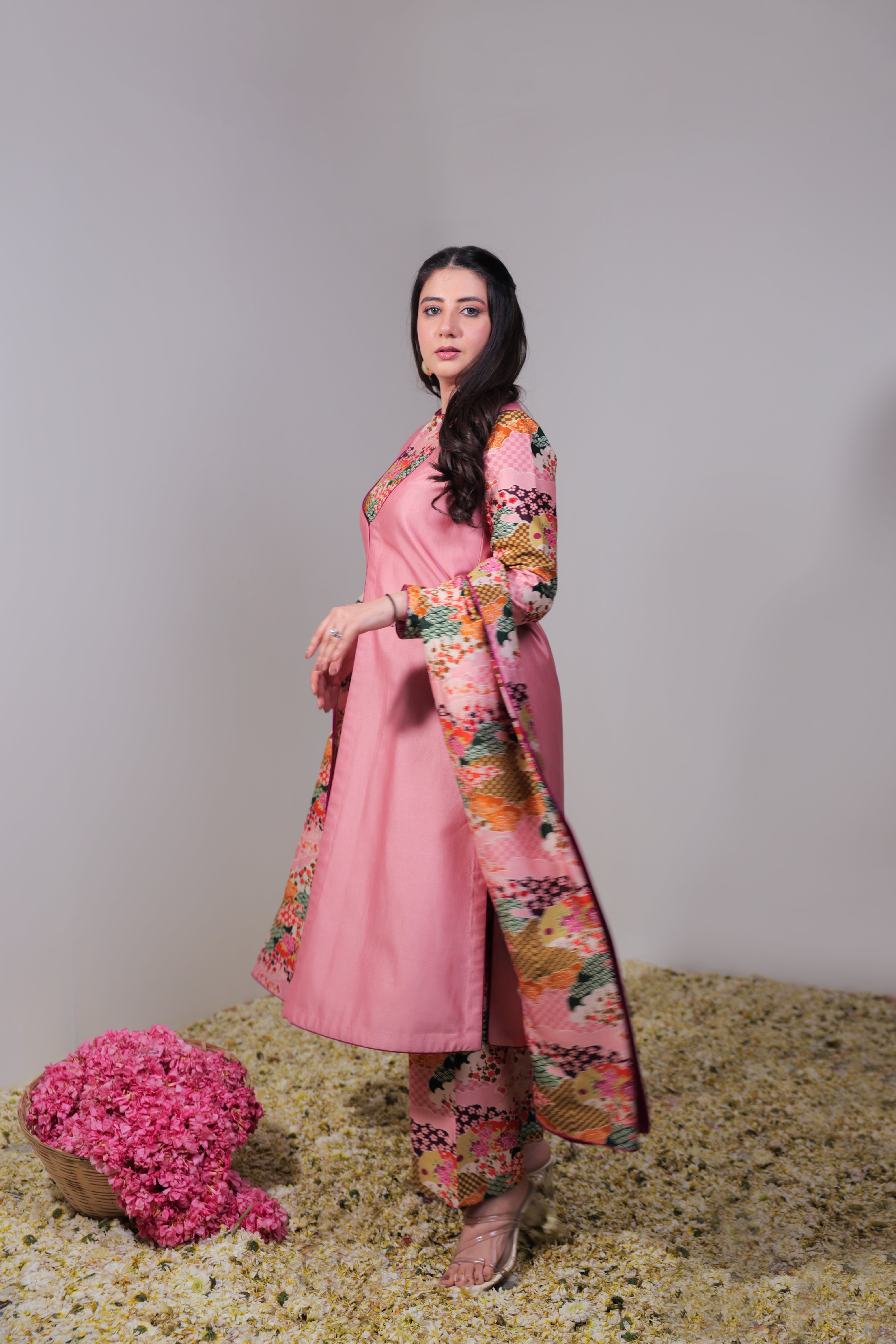 Pink Floral Printed Jacket Suit Set