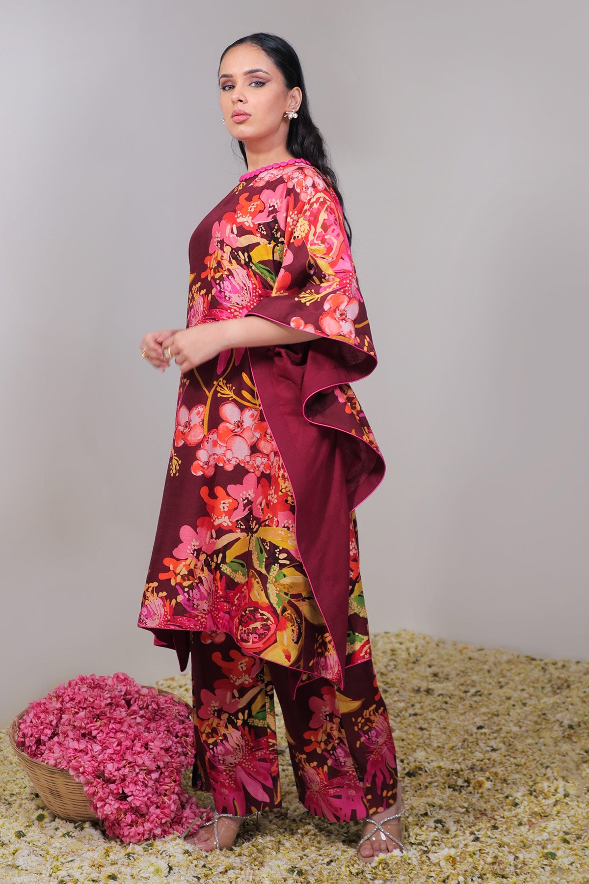 Maroon Floral Jaal Printed Kaftan Set