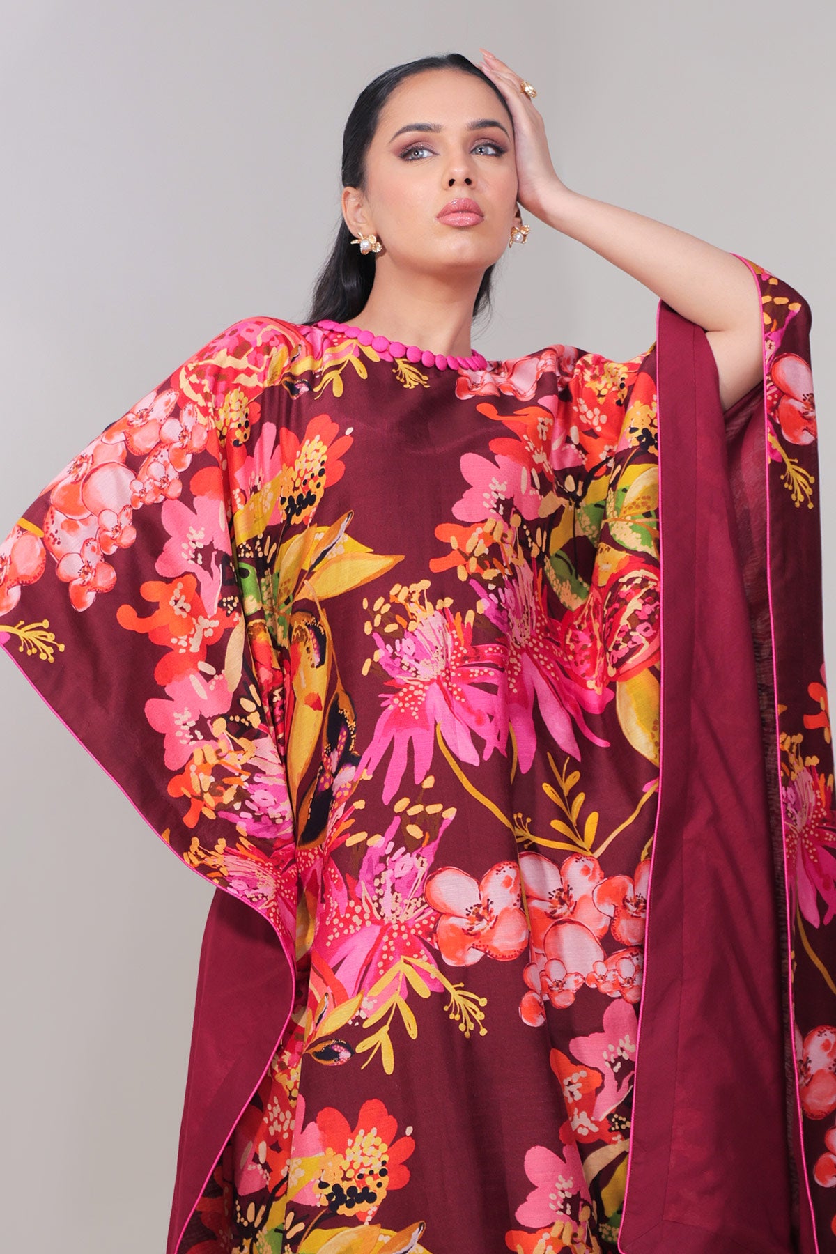 Maroon Floral Jaal Printed Kaftan Set