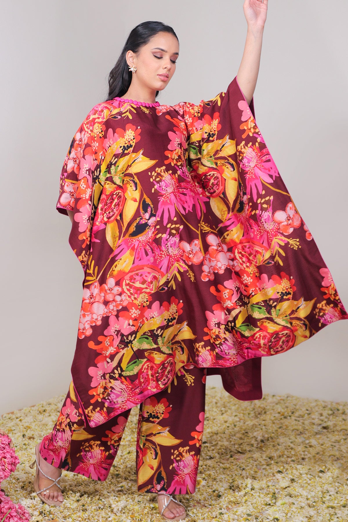 Maroon Floral Jaal Printed Kaftan Set