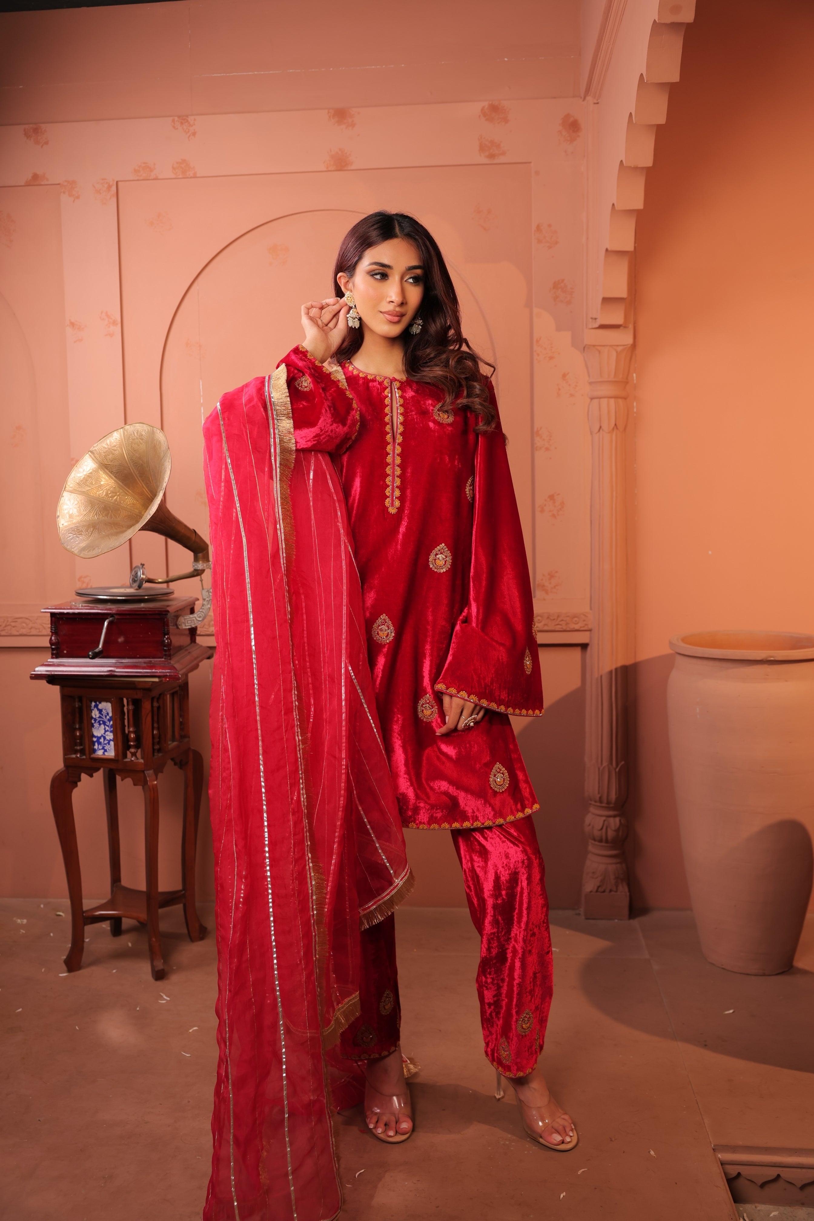 Saanaz Red Pink Suit Set