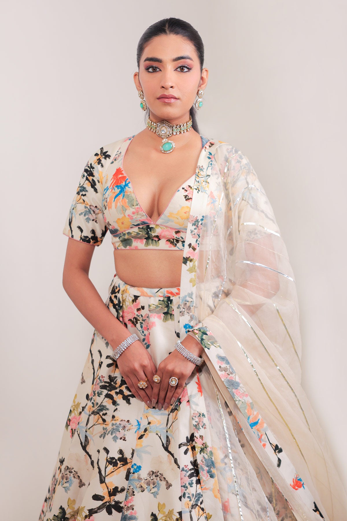 Hand-Drawn Floral Jaal Printed Ivory Lehenga Set