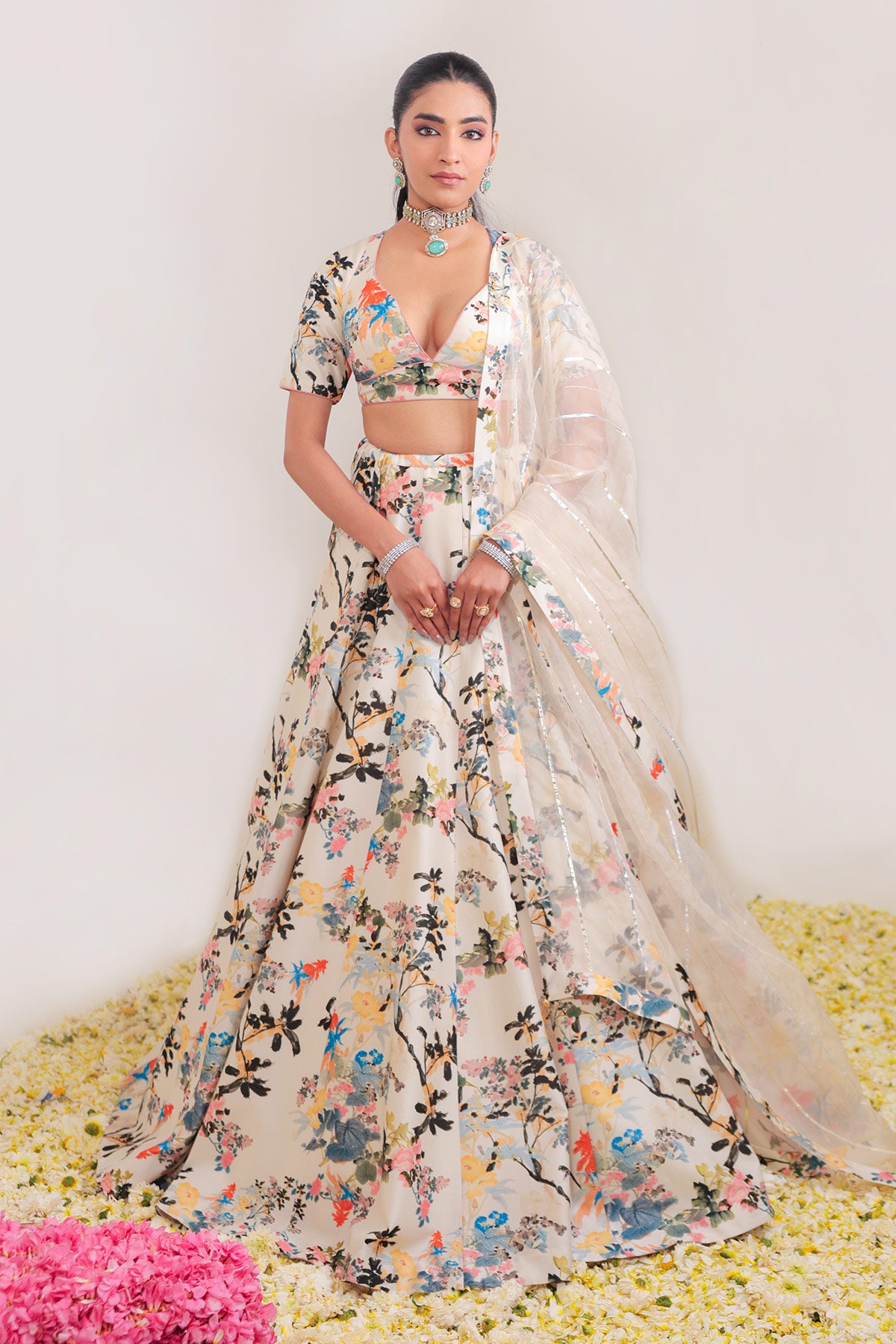 Hand-Drawn Floral Jaal Printed Ivory Lehenga Set